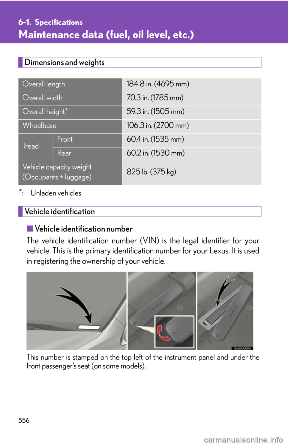 Lexus HS250h 2011  Do-it-yourself maintenance / LEXUS 2011 HS250H OWNERS MANUAL (OM75037U) 556
6-1. Specifications
Maintenance data (fuel, oil level, etc.)
Dimensions and weights
*: Unladen vehicles 
Vehicle identification
■ Vehicle identification number
The vehicle identification number 