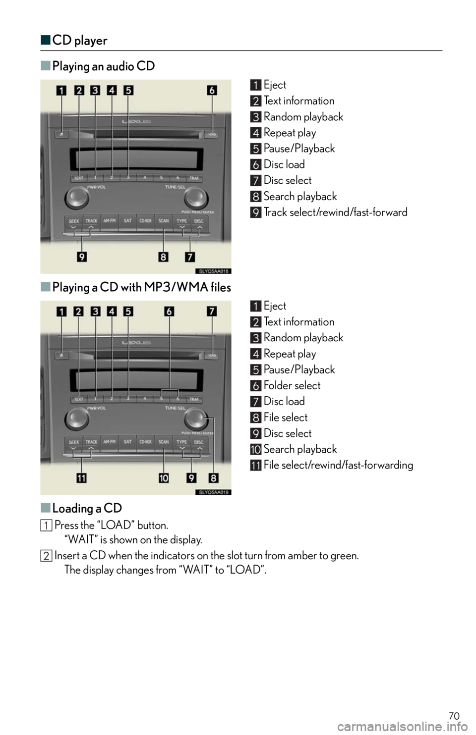 Lexus HS250h 2011  Do-it-yourself maintenance / LEXUS 2011 HS250H  QUICK GUIDE (OM75039U) Repair Manual 70
■CD player
■
Playing an audio CD
Eject
Text information
Random playback 
Repeat play
Pause/Playback
Disc load
Disc select
Search playback
Track select/rewind/fast-forward
■Playing a CD with M