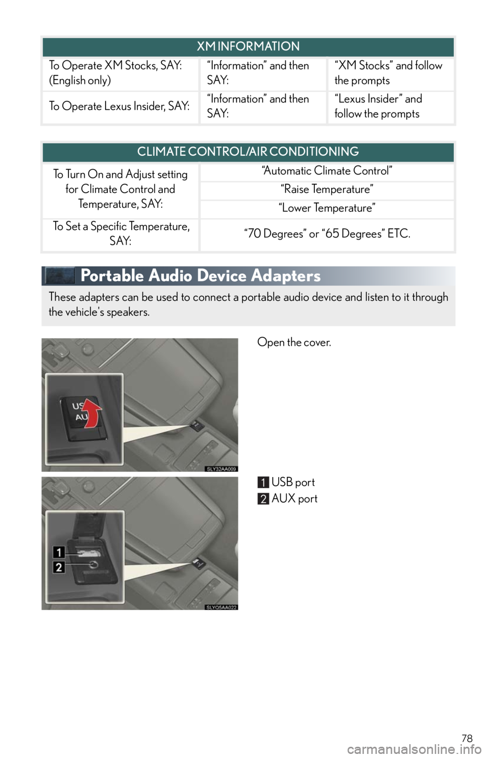 Lexus HS250h 2011 Do-it-yourself maintenance / LEXUS 2011 HS250H QUICK GUIDE (OM75039U) Manual PDF 78
Portable Audio Device Adapters
Open the cover.
USB port
AUX port
To Operate XM Stocks, SAY:
(English only)“Information” and then
SAY:“XM Stocks” and follow
the prompts
To Operate Lexus I Lexus HS250h 2011 Do-it-yourself maintenance / LEXUS 2011 HS250H QUICK GUIDE (OM75039U) Manual PDF 78
Portable Audio Device Adapters
Open the cover.
USB port
AUX port
To Operate XM Stocks, SAY:
(English only)“Information” and then
SAY:“XM Stocks” and follow
the prompts
To Operate Lexus I