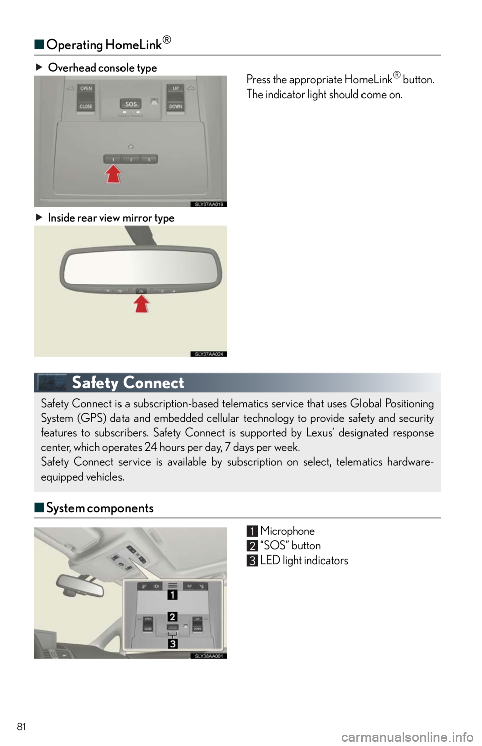 Lexus HS250h 2011 Do-it-yourself maintenance / LEXUS 2011 HS250H QUICK GUIDE (OM75039U) Manual Online 81
■Operating HomeLink®
Overhead console type
Press the appropriate HomeLink® button.
The indicator light should come on.
Inside rear view mirror type
Safety Connect
■System components
Micropho Lexus HS250h 2011 Do-it-yourself maintenance / LEXUS 2011 HS250H QUICK GUIDE (OM75039U) Manual Online 81
■Operating HomeLink®
Overhead console type
Press the appropriate HomeLink® button.
The indicator light should come on.
Inside rear view mirror type
Safety Connect
■System components
Micropho