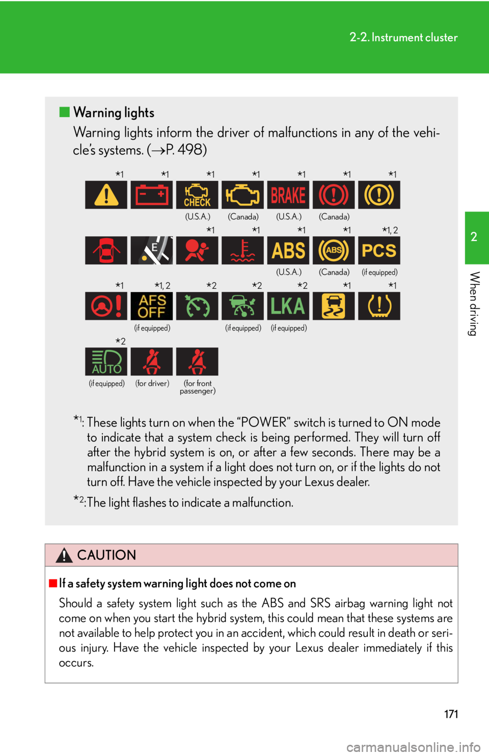 Lexus HS250h 2011  Hybrid system / LEXUS 2011 HS250H OWNERS MANUAL (OM75037U) 171
2-2. Instrument cluster
2
When driving
CAUTION
■If a safety system warning light does not come on 
Should a safety system light such as the ABS and SRS airbag warning light not
come on when you 