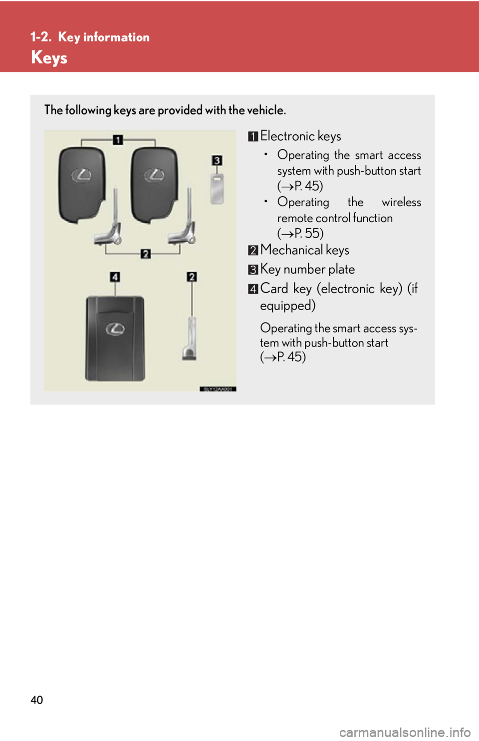 Lexus HS250h 2011 Hybrid system / LEXUS 2011 HS250H (OM75037U) Owners Guide 40
1-2. Key information
Keys
The following keys are provided with the vehicle.
Electronic keys
• Operating the smart accesssystem with push-button start
( P. 4 5 )
• Operating the wireless rem Lexus HS250h 2011 Hybrid system / LEXUS 2011 HS250H (OM75037U) Owners Guide 40
1-2. Key information
Keys
The following keys are provided with the vehicle.
Electronic keys
• Operating the smart accesssystem with push-button start
( P. 4 5 )
• Operating the wireless rem