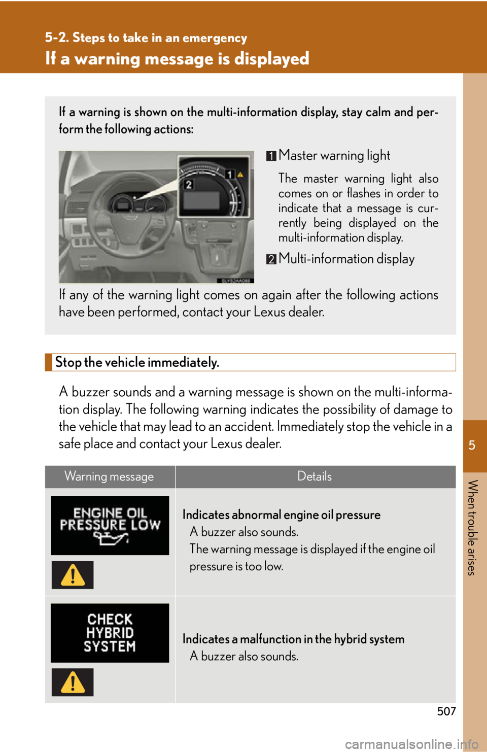 Lexus HS250h 2011 Hybrid system / LEXUS 2011 HS250H OWNERS MANUAL (OM75037U) 5
When trouble arises
507
5-2. Steps to take in an emergency
If a warning message is displayed
Stop the vehicle immediately.A buzzer sounds and a warning message is shown on the multi-informa-
tion d Lexus HS250h 2011 Hybrid system / LEXUS 2011 HS250H OWNERS MANUAL (OM75037U) 5
When trouble arises
507
5-2. Steps to take in an emergency
If a warning message is displayed
Stop the vehicle immediately.A buzzer sounds and a warning message is shown on the multi-informa-
tion d