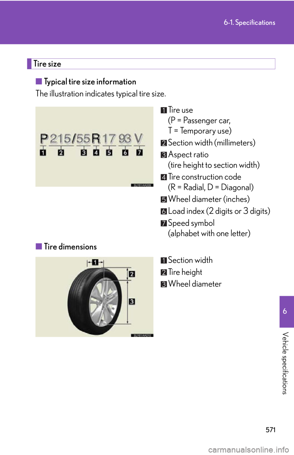 Lexus HS250h 2011  Hybrid system / LEXUS 2011 HS250H OWNERS MANUAL (OM75037U) 571
6-1. Specifications
6
Vehicle specifications
Tire size■ Typical tire size information
The illustration indicat es typical tire size.
Tire use 
(P = Passenger car, 
T = Temporary use)
Section wid