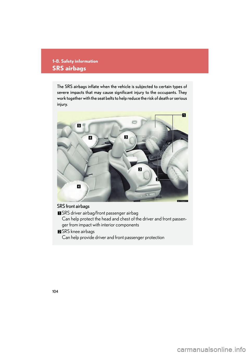 Lexus HS250h 2010 Owners Manual 104
1-8. Safety information
HS250h_U_75033U(Canada)
SRS airbags
The SRS airbags inflate when the vehicle is subjected to certain types of
severe impacts that may cause significant injury to the occupa Lexus HS250h 2010 Owners Manual 104
1-8. Safety information
HS250h_U_75033U(Canada)
SRS airbags
The SRS airbags inflate when the vehicle is subjected to certain types of
severe impacts that may cause significant injury to the occupa