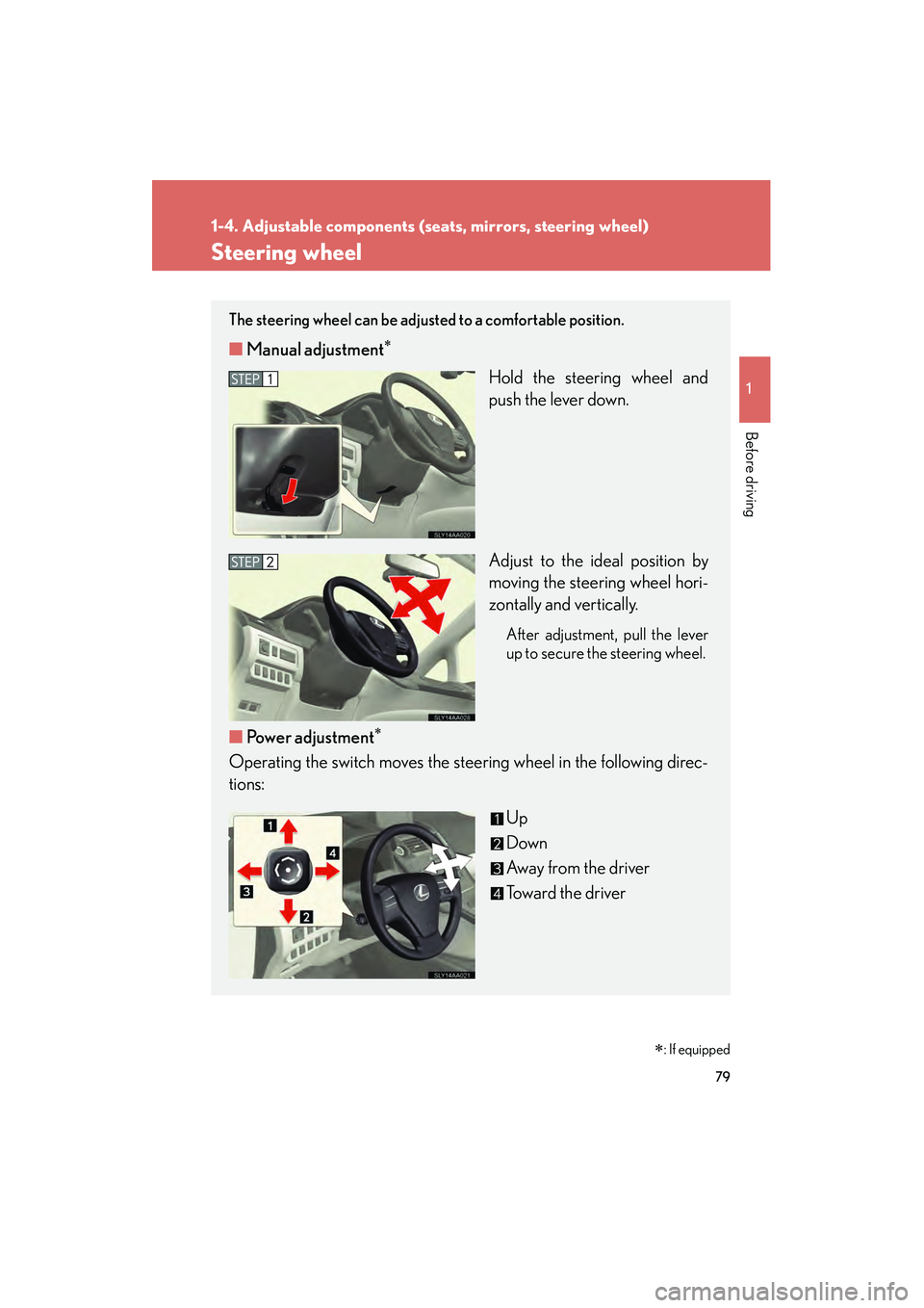Lexus HS250h 2010 Owners Manual 79
1
1-4. Adjustable components (seats, mirrors, steering wheel)
Before driving
HS250h_U_75033U(Canada)
Steering wheel
∗: If equipped
The steering wheel can be adjusted to a comfortable position.
Lexus HS250h 2010 Owners Manual 79
1
1-4. Adjustable components (seats, mirrors, steering wheel)
Before driving
HS250h_U_75033U(Canada)
Steering wheel
∗: If equipped
The steering wheel can be adjusted to a comfortable position.