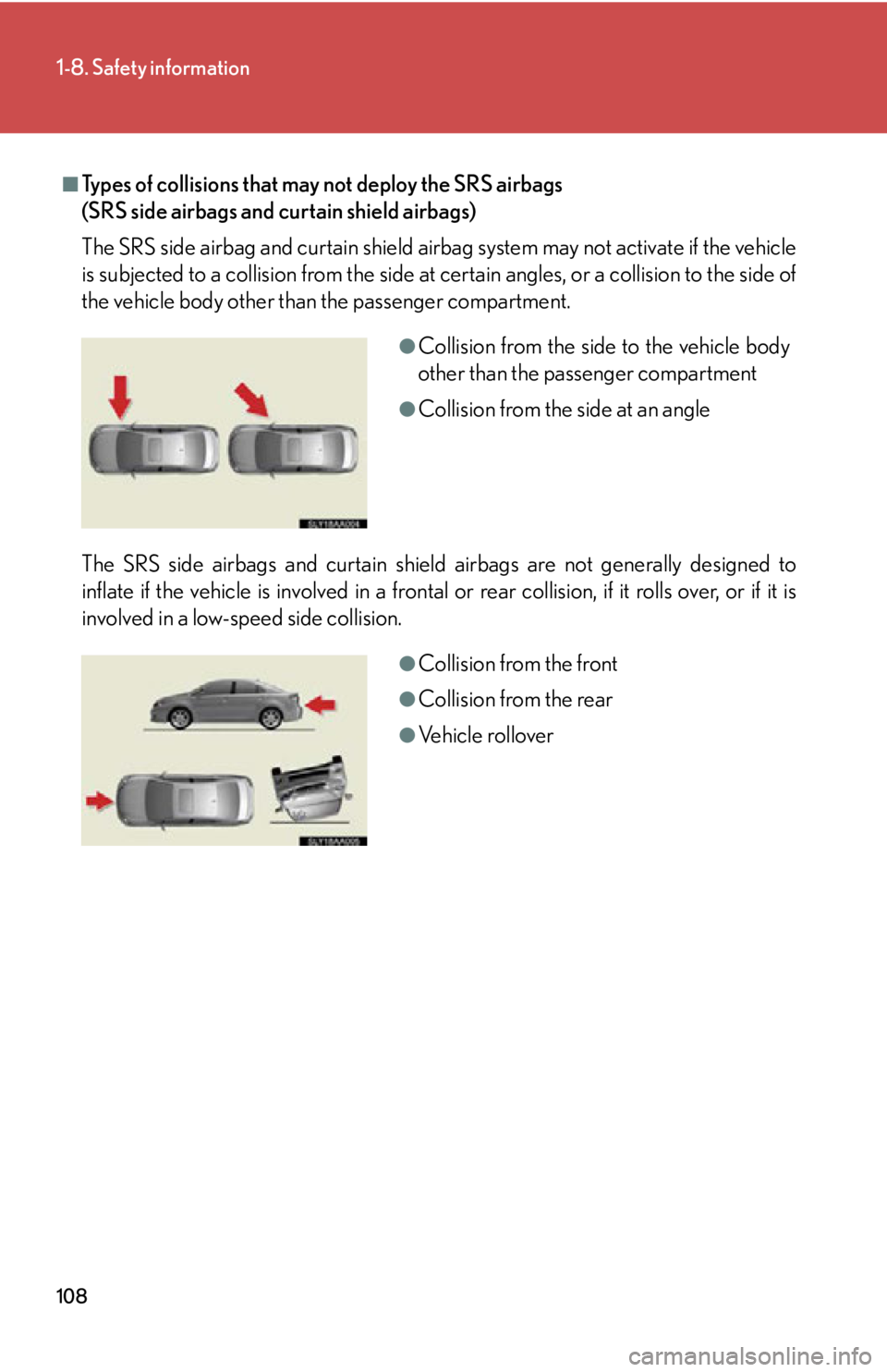 Lexus HS250h 2010  Setup / LEXUS 2010 HS250H OWNERS MANUAL (OM75006U) 108
1-8. Safety information
■Types of collisions that may not deploy the SRS airbags 
(SRS side airbags and curtain shield airbags)
The SRS side airbag and curtain shield ai rbag system may not a