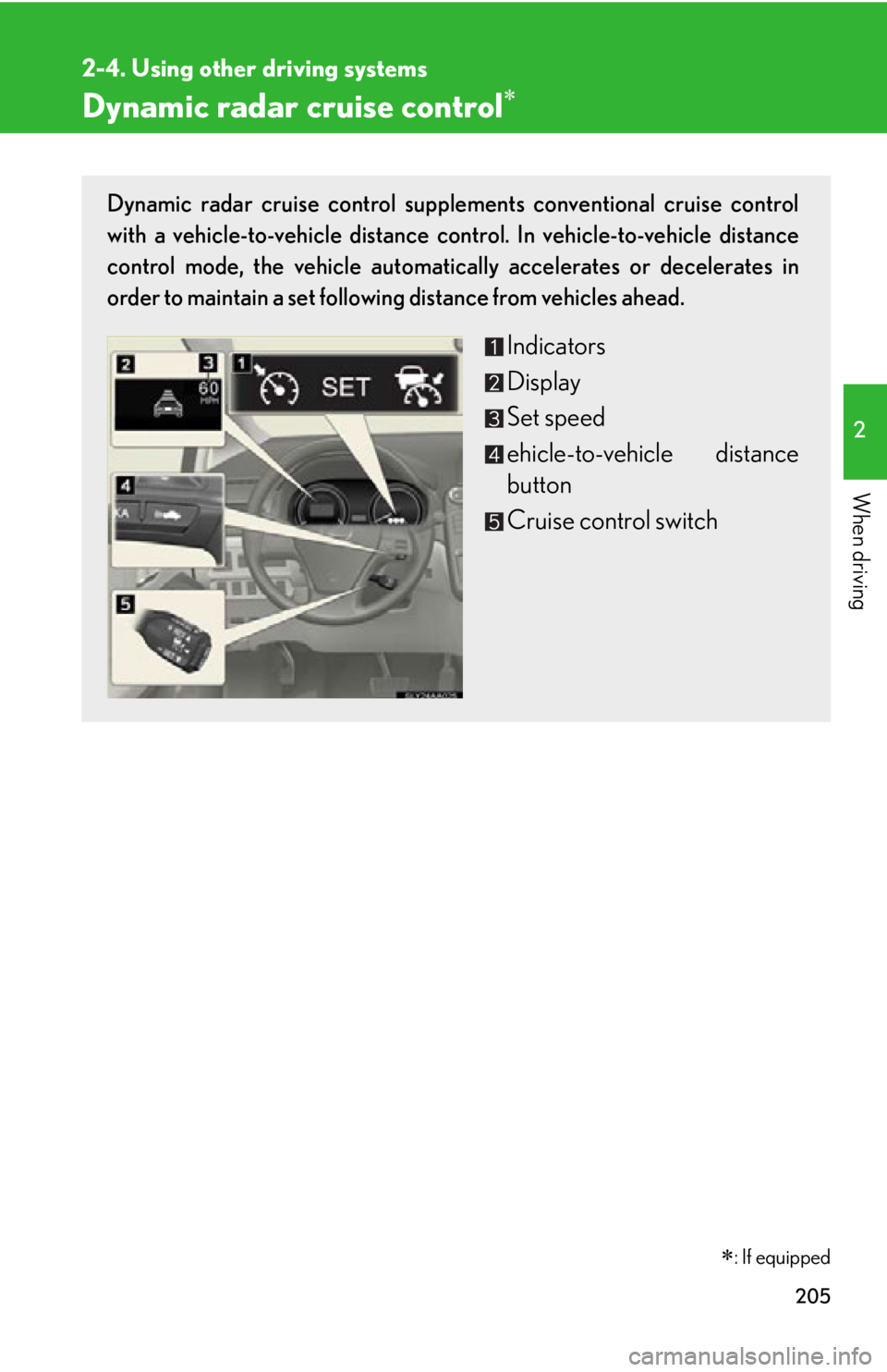 Lexus HS250h 2010  Setup / LEXUS 2010 HS250H  (OM75006U) Owners Guide 205
2-4. Using other driving systems
2
When driving
Dynamic radar cruise control
: If equipped
Dynamic radar cruise control supplements conventional cruise control 
with a vehicle-to-vehicle dis Lexus HS250h 2010  Setup / LEXUS 2010 HS250H  (OM75006U) Owners Guide 205
2-4. Using other driving systems
2
When driving
Dynamic radar cruise control
: If equipped
Dynamic radar cruise control supplements conventional cruise control 
with a vehicle-to-vehicle dis