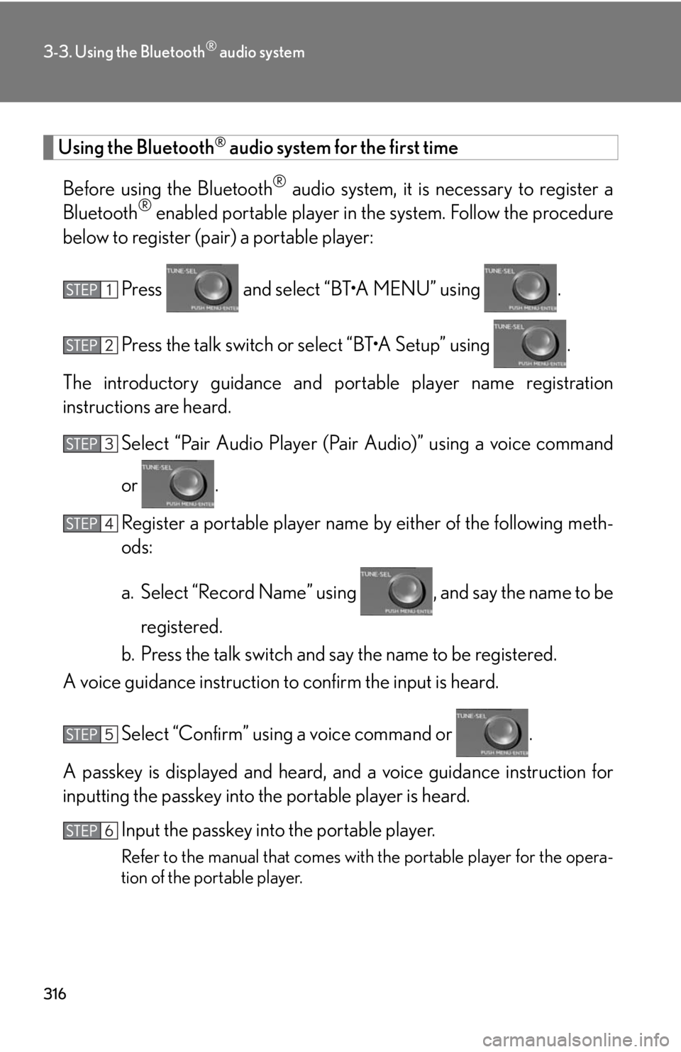 Lexus HS250h 2010  Setup / LEXUS 2010 HS250H OWNERS MANUAL (OM75006U) 316
3-3. Using the Bluetooth® audio system
Using the Bluetooth® audio system for the first time
Before using the Bluetooth
® audio system, it is necessary to register a 
Bluetooth® enabled portabl Lexus HS250h 2010  Setup / LEXUS 2010 HS250H OWNERS MANUAL (OM75006U) 316
3-3. Using the Bluetooth® audio system
Using the Bluetooth® audio system for the first time
Before using the Bluetooth
® audio system, it is necessary to register a 
Bluetooth® enabled portabl