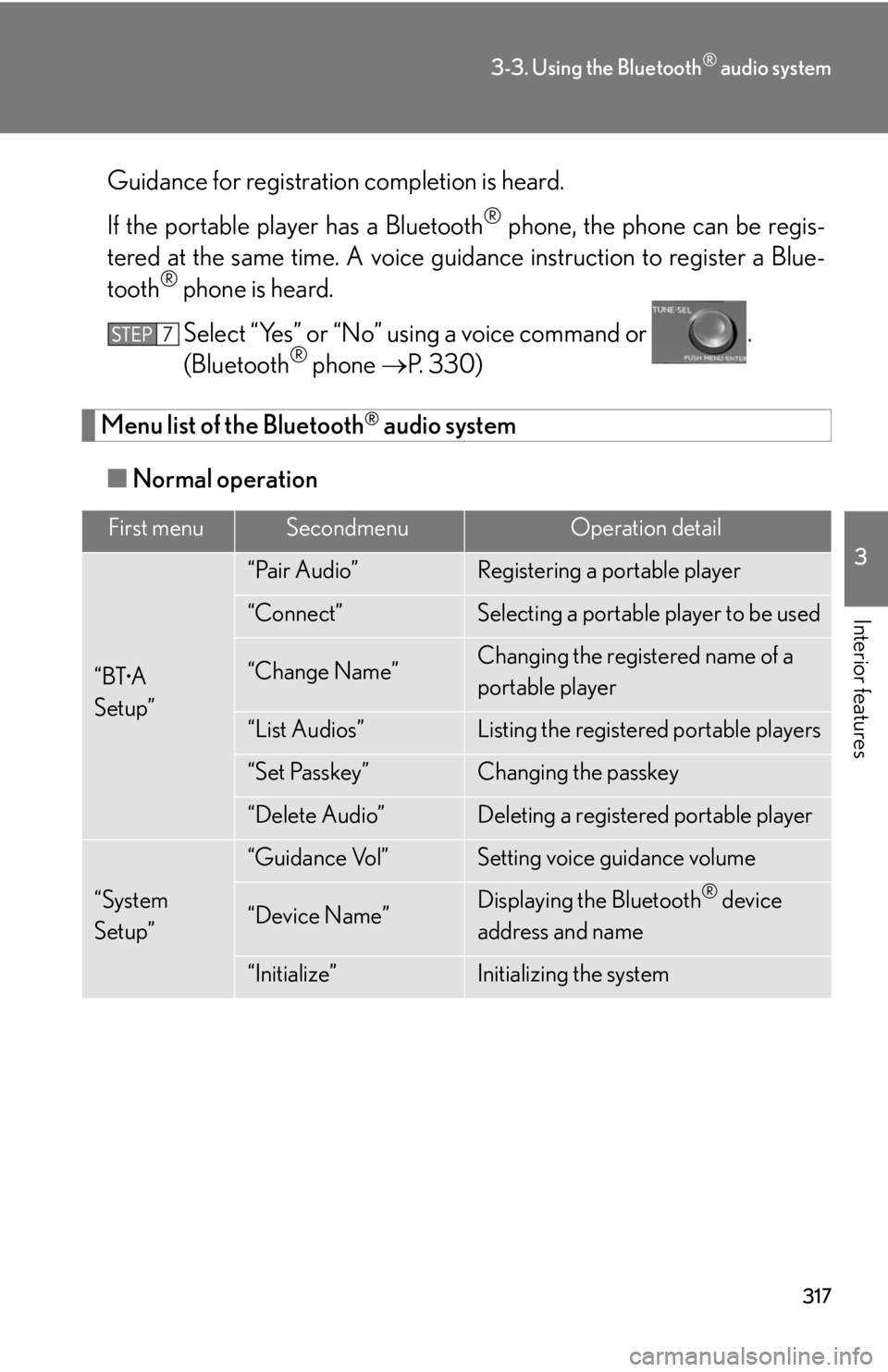 Lexus HS250h 2010  Setup / LEXUS 2010 HS250H OWNERS MANUAL (OM75006U) 317
3-3. Using the Bluetooth® audio system
3
Interior features
Guidance for registration completion is heard.
If the portable play
 er has a Bluetooth® phone, the phone can be regis -
tered at the s Lexus HS250h 2010  Setup / LEXUS 2010 HS250H OWNERS MANUAL (OM75006U) 317
3-3. Using the Bluetooth® audio system
3
Interior features
Guidance for registration completion is heard.
If the portable play
 er has a Bluetooth® phone, the phone can be regis -
tered at the s