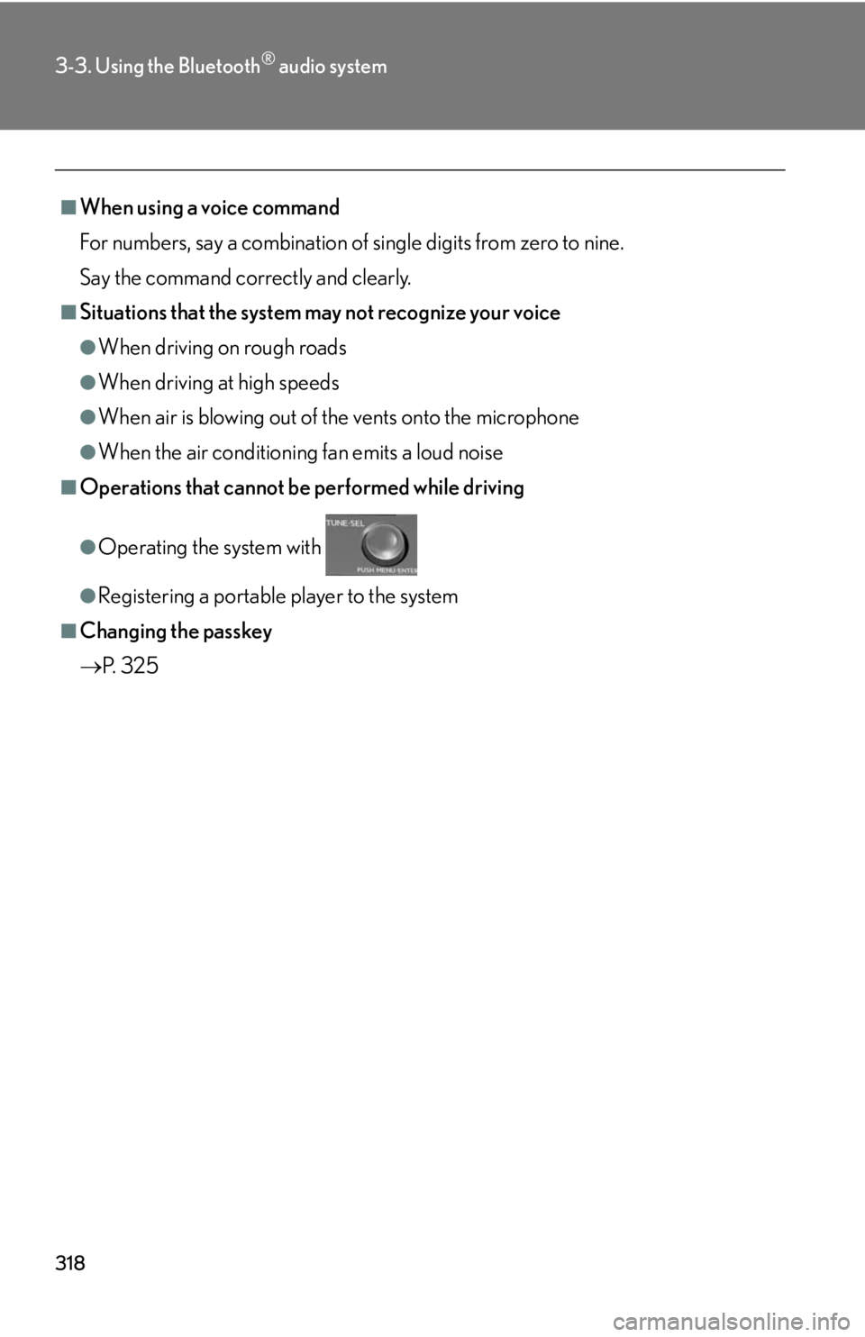 Lexus HS250h 2010  Setup / LEXUS 2010 HS250H OWNERS MANUAL (OM75006U) 318
3-3. Using the Bluetooth® audio system
■When using a voice command
For numbers, say a combination of sin
 gle digits from zero to nine.
Say the command correctly and clearly.
■Situations that Lexus HS250h 2010  Setup / LEXUS 2010 HS250H OWNERS MANUAL (OM75006U) 318
3-3. Using the Bluetooth® audio system
■When using a voice command
For numbers, say a combination of sin
 gle digits from zero to nine.
Say the command correctly and clearly.
■Situations that