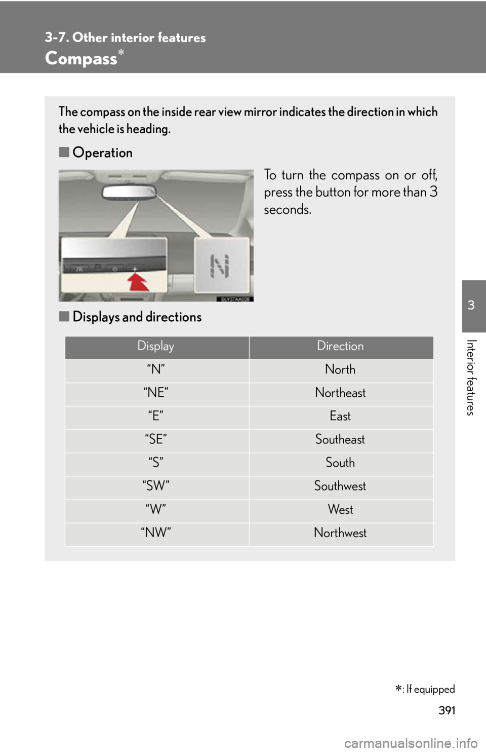 Lexus HS250h 2010  Setup / LEXUS 2010 HS250H  (OM75006U) Manual PDF 391
3-7. Other interior features
3
Interior features
Compass
: If equipped
The compass on the inside rear view mirror indicates the direction in which
the vehicle is heading.
■ Operation
To tu