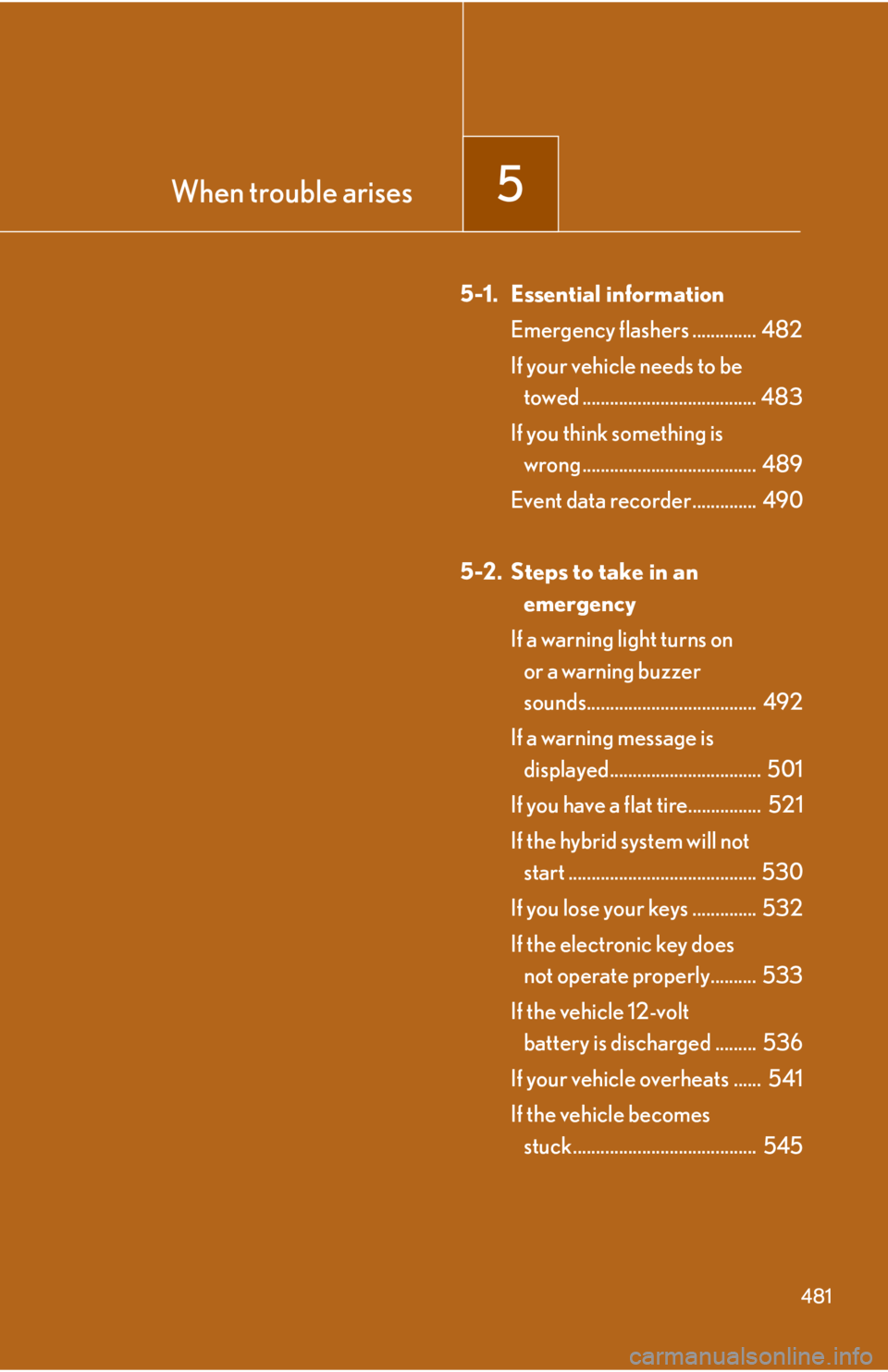 Lexus HS250h 2010  Setup / LEXUS 2010 HS250H OWNERS MANUAL (OM75006U) When trouble arises5
481
5-1. Essential informationEmergency flashers ..............  482
If your vehicle needs to be  
towed ......................................  483
If you think something is  
