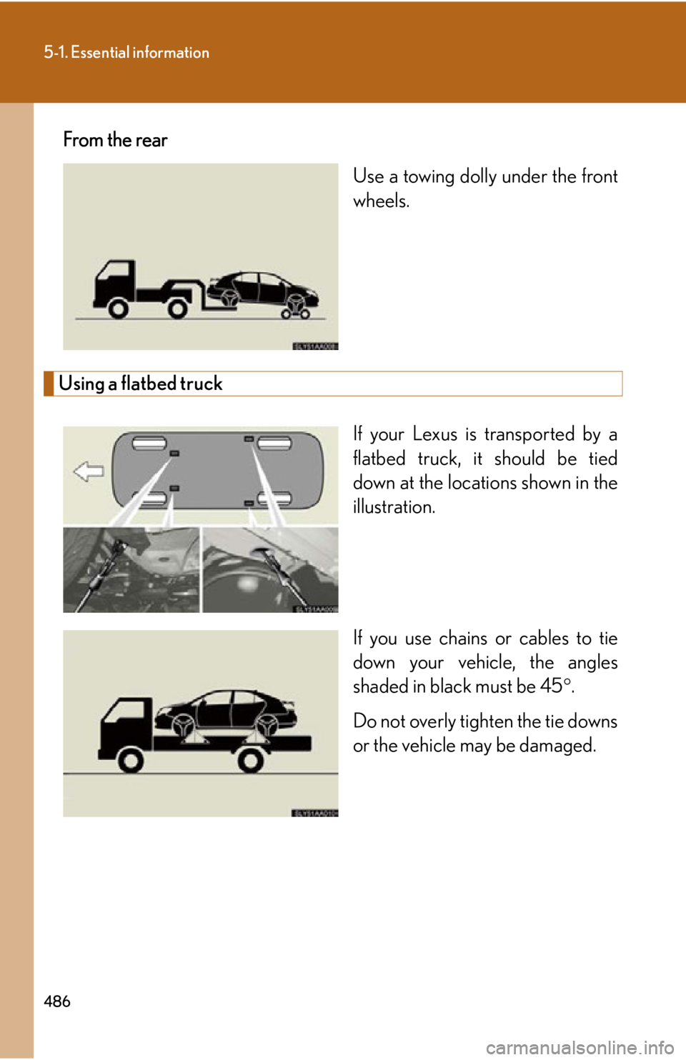 Lexus HS250h 2010  Setup / LEXUS 2010 HS250H OWNERS MANUAL (OM75006U) 486
5-1. Essential information
From the rearUse a towing dolly under the front 
wheels.
Using a flatbed truck
If your Lexus is transported by a 
flatbed truck, it should be tied 
down at the locations