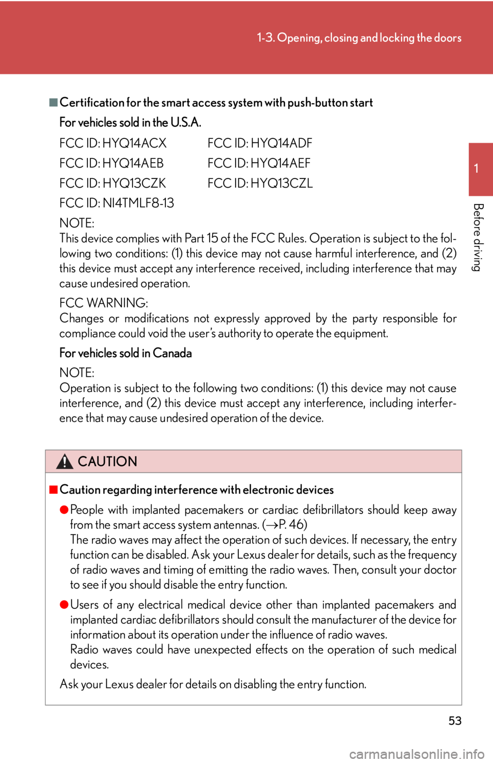Lexus HS250h 2010  Setup / LEXUS 2010 HS250H  (OM75006U) Workshop Manual 53
1-3. Opening, closing and locking the doors
1
Before driving
■Certification for the smart access system with push-button start
For vehicles sold in the U.S.A.
FCC ID: HYQ14ACX FCC ID: HYQ14ADF
FC