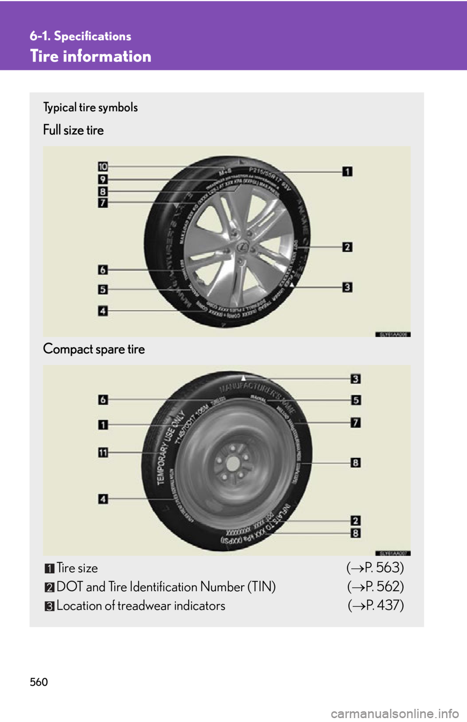 Lexus HS250h 2010  Setup / LEXUS 2010 HS250H OWNERS MANUAL (OM75006U) 560
6-1. Specifications
Tire information
Ty p i c a l  t i r e  s y m b o l s
Full size tire
Compact spare tire
Tire size(P. 563 )
DOT and Tire Identification Number (TIN) ( P. 562 )
Location of Lexus HS250h 2010  Setup / LEXUS 2010 HS250H OWNERS MANUAL (OM75006U) 560
6-1. Specifications
Tire information
Ty p i c a l  t i r e  s y m b o l s
Full size tire
Compact spare tire
Tire size(P. 563 )
DOT and Tire Identification Number (TIN) ( P. 562 )
Location of