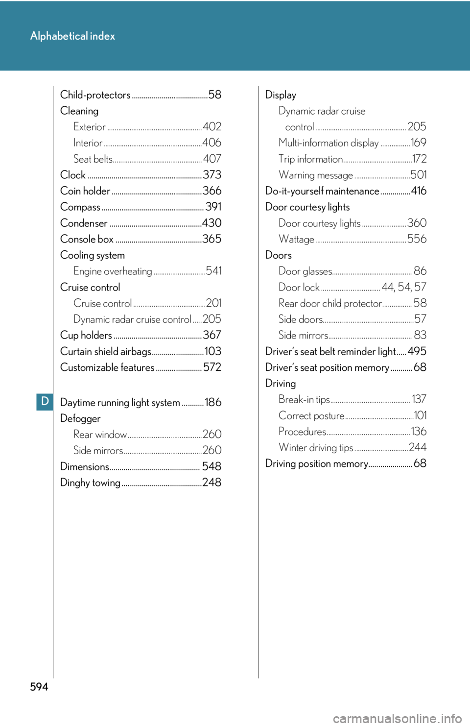 Lexus HS250h 2010  Setup / LEXUS 2010 HS250H OWNERS MANUAL (OM75006U) 594
Alphabetical index
Child-protectors ......................................58
CleaningExterior ................................................... 402
Interior .....................................