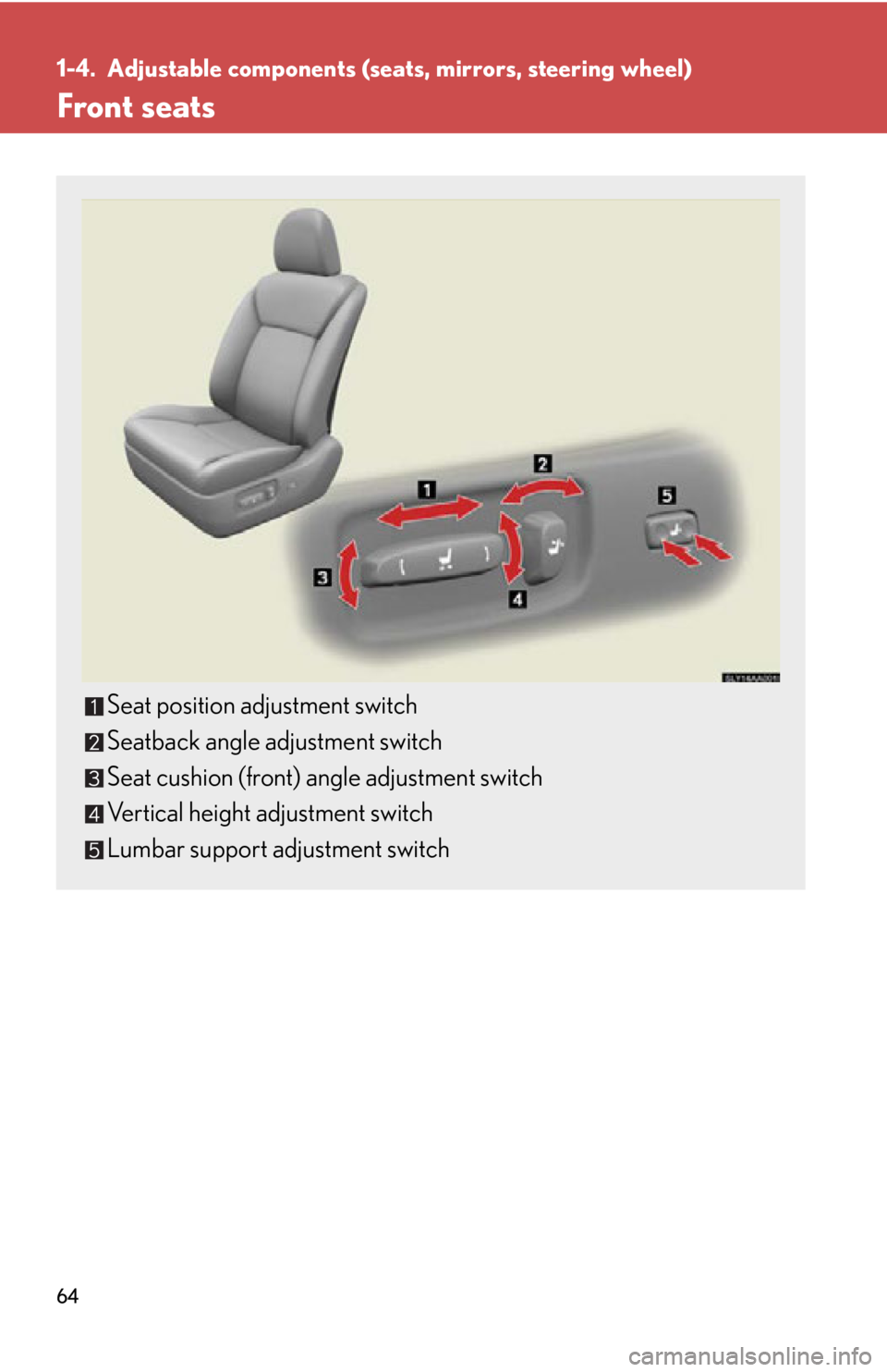 Lexus HS250h 2010  Setup / LEXUS 2010 HS250H  (OM75006U) Repair Manual 64
1-4. Adjustable components (seats, mirrors, steering wheel)
Front seats
Seat position adjustment switch
Seatback angle adjustment switch
Seat cushion (front) angle adjustment switch
Vertical height