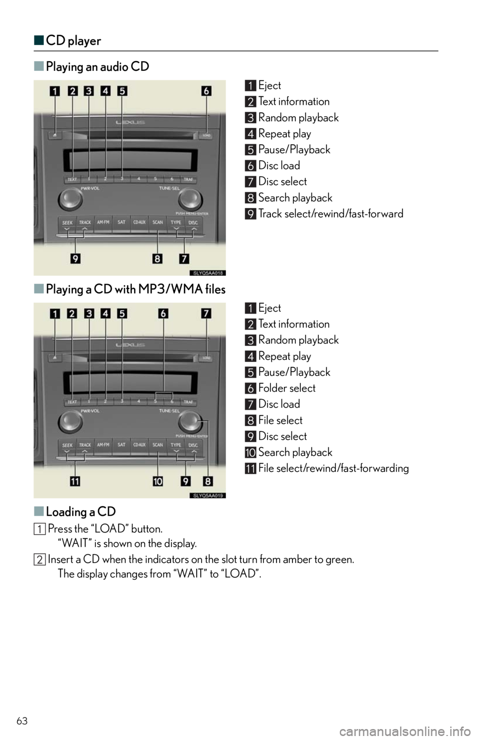 Lexus HS250h 2010 Setup / LEXUS 2010 HS250H QUICK GUIDE OWNERS MANUAL (OM75023U) 63
■CD player
■
Playing an audio CD
Eject
Te x t i n f o r m a t i o n
Random playback
Repeat play
Pause/Playback
Disc load
Disc select
Search playback
Track select/rewind/fast-forward
■Playin Lexus HS250h 2010 Setup / LEXUS 2010 HS250H QUICK GUIDE OWNERS MANUAL (OM75023U) 63
■CD player
■
Playing an audio CD
Eject
Te x t i n f o r m a t i o n
Random playback
Repeat play
Pause/Playback
Disc load
Disc select
Search playback
Track select/rewind/fast-forward
■Playin