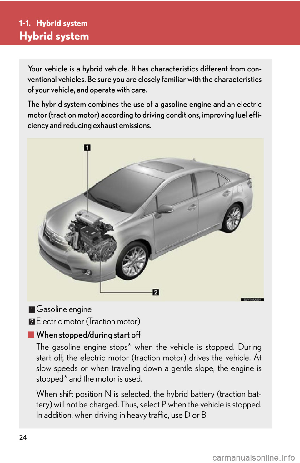 Lexus HS250h 2010  Do-it-yourself maintenance / LEXUS 2010 HS250H  (OM75006U) Owners Manual 24
1-1. Hybrid system
Hybrid system
Your vehicle is a hybrid vehicle. It has characteristics different from con-
ventional vehicles. Be sure you are clos ely familiar
  with the characteristics 
of yo
