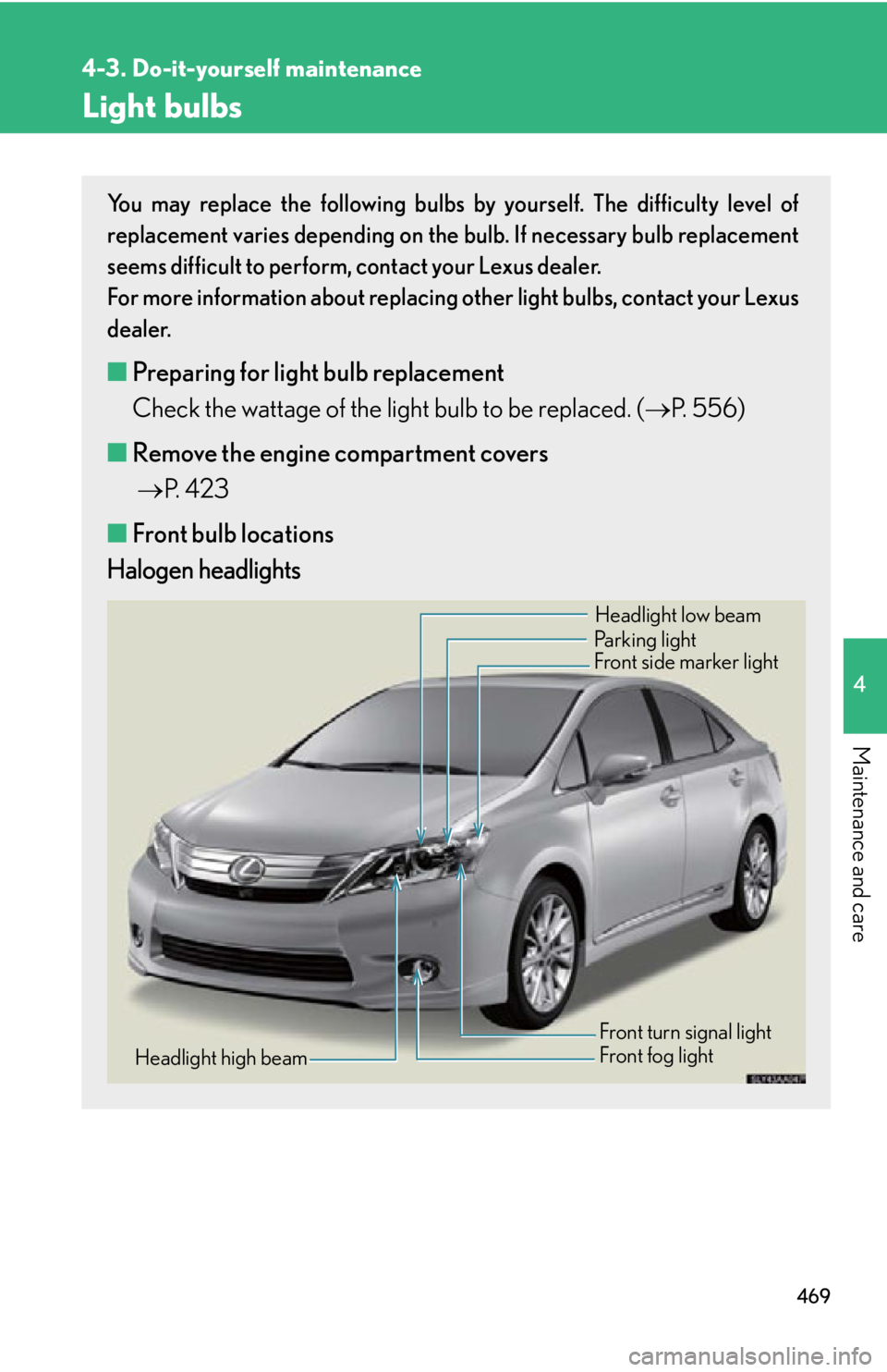 Lexus HS250h 2010  Do-it-yourself maintenance / LEXUS 2010 HS250H OWNERS MANUAL (OM75006U) 469
4-3. Do-it-yourself maintenance
4
Maintenance and care
Light bulbs
You may replace the following bulbs by yourself. The difficulty level of 
replacement varies depending on the bulb. If necessary 