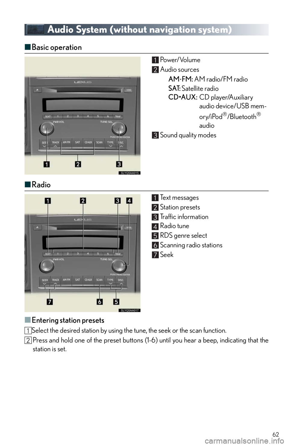Lexus HS250h 2010 Do-it-yourself maintenance / LEXUS 2010 HS250H QUICK GUIDE (OM75023U) Repair Manual 62
Audio System (without navigation system)
■Basic operation Pow e r/ Vo l u m e
Audio sources
AM
FM: AM radio/FM radio
SAT: Satellite radio
CD•AUX:CD player/Auxiliary
audio device/USB mem-
o Lexus HS250h 2010 Do-it-yourself maintenance / LEXUS 2010 HS250H QUICK GUIDE (OM75023U) Repair Manual 62
Audio System (without navigation system)
■Basic operation Pow e r/ Vo l u m e
Audio sources
AM
FM: AM radio/FM radio
SAT: Satellite radio
CD•AUX:CD player/Auxiliary
audio device/USB mem-
o