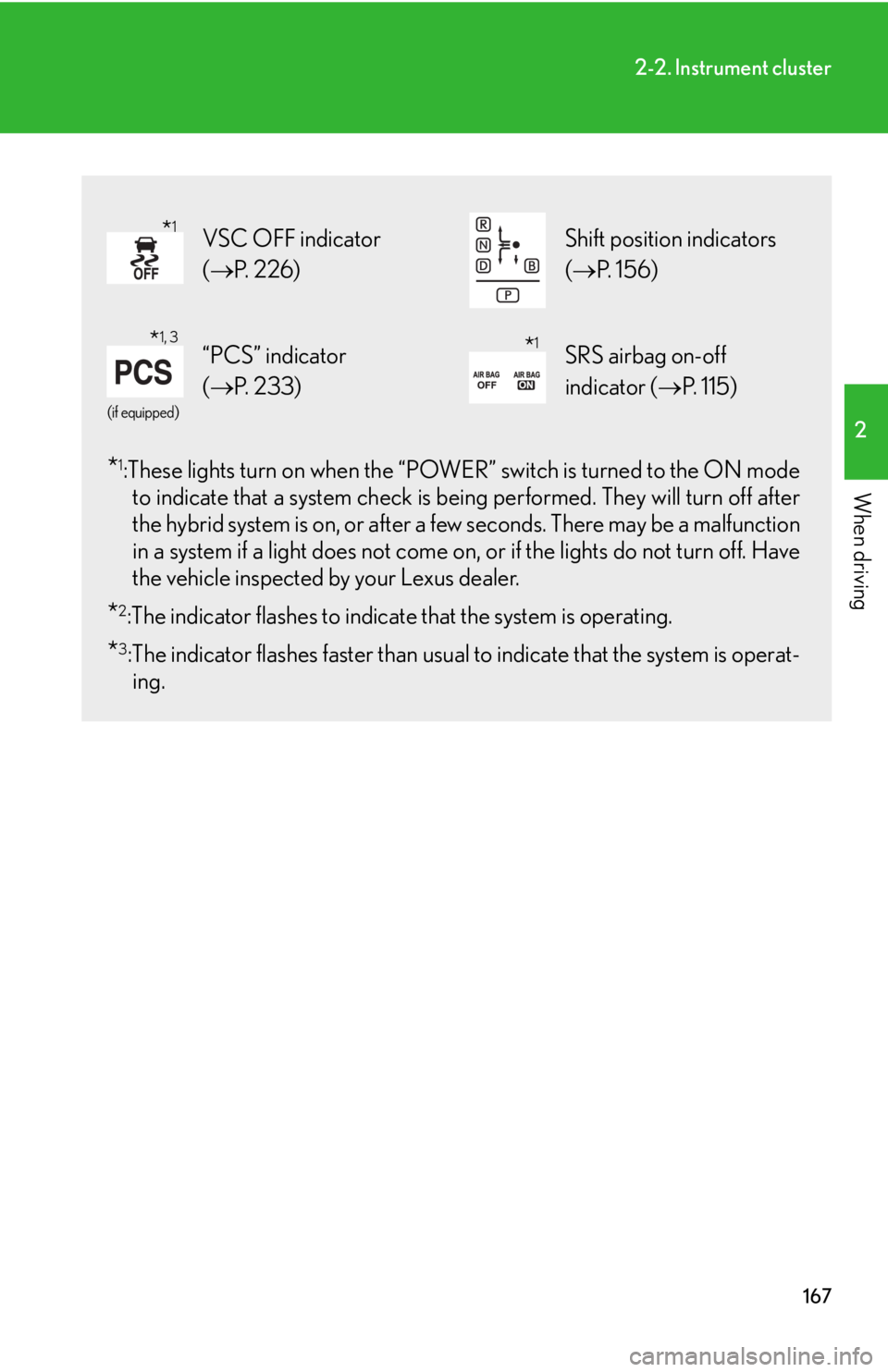 Lexus HS250h 2010  Basic Information Before Operation / LEXUS 2010 HS250H OWNERS MANUAL (OM75006U) 167
2-2. Instrument cluster
2
When driving*1:These lights turn on when the “POWER” switch is turned to the ON mode to indicate that a system check is be ing performed. They will turn off after 
th