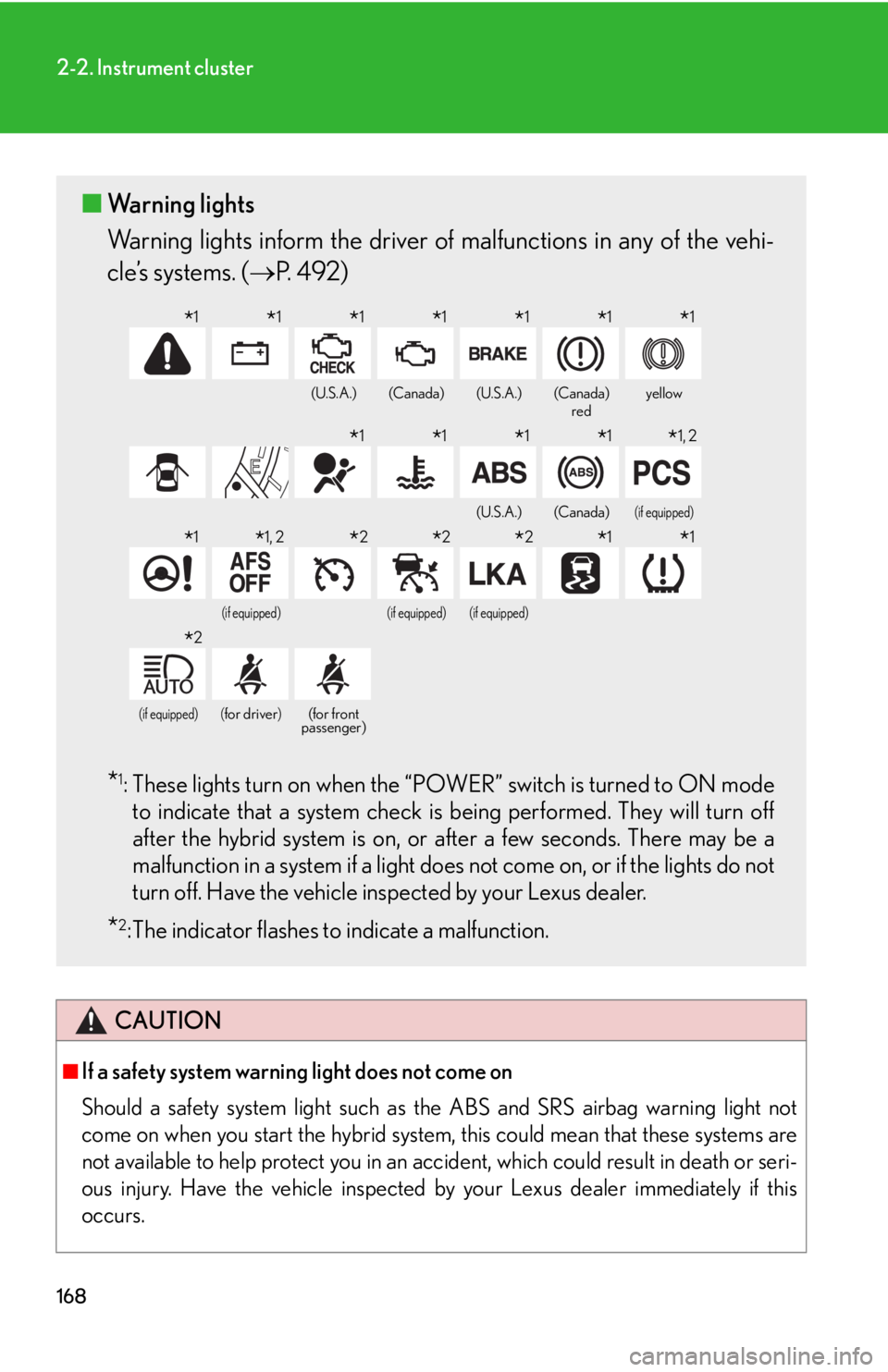 Lexus HS250h 2010 Basic Information Before Operation / LEXUS 2010 HS250H OWNERS MANUAL (OM75006U) 168
2-2. Instrument cluster
CAUTION
■If a safety system warning light does not come on
Should a safety system light such as the ABS and SRS airbag warning light not
come on when you start the hybr Lexus HS250h 2010 Basic Information Before Operation / LEXUS 2010 HS250H OWNERS MANUAL (OM75006U) 168
2-2. Instrument cluster
CAUTION
■If a safety system warning light does not come on
Should a safety system light such as the ABS and SRS airbag warning light not
come on when you start the hybr