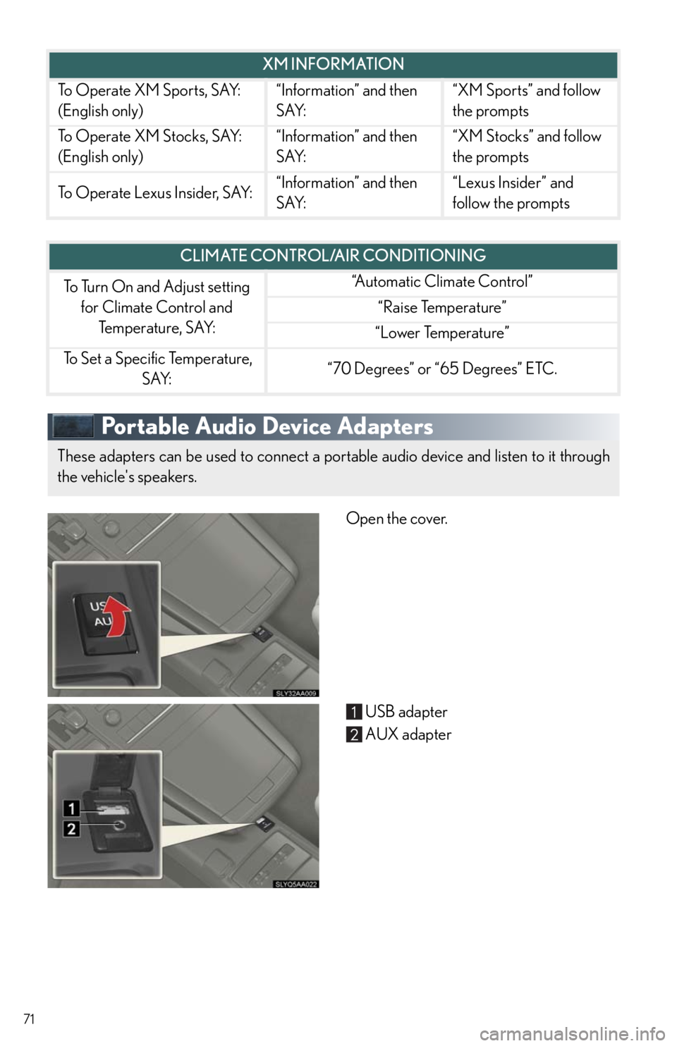 Lexus HS250h 2010 Instrument cluster / LEXUS 2010 HS250H QUICK GUIDE (OM75023U) Manual PDF 71
Portable Audio Device Adapters
Open the cover.
USB adapter
AUX adapter
To Operate XM Sports, SAY:
(English only)“Information” and then
SAY:“XM Sports” and follow
the prompts
To Operate X Lexus HS250h 2010 Instrument cluster / LEXUS 2010 HS250H QUICK GUIDE (OM75023U) Manual PDF 71
Portable Audio Device Adapters
Open the cover.
USB adapter
AUX adapter
To Operate XM Sports, SAY:
(English only)“Information” and then
SAY:“XM Sports” and follow
the prompts
To Operate X