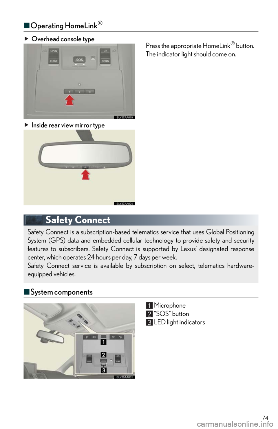 Lexus HS250h 2010 Instrument cluster / LEXUS 2010 HS250H QUICK GUIDE OWNERS MANUAL (OM75023U) 74
■Operating HomeLink
Overhead console type
Press the appropriate HomeLink button.
The indicator light should come on.
Inside rear view mirror type
Safety Connect
■System components
Microp Lexus HS250h 2010 Instrument cluster / LEXUS 2010 HS250H QUICK GUIDE OWNERS MANUAL (OM75023U) 74
■Operating HomeLink
Overhead console type
Press the appropriate HomeLink button.
The indicator light should come on.
Inside rear view mirror type
Safety Connect
■System components
Microp
