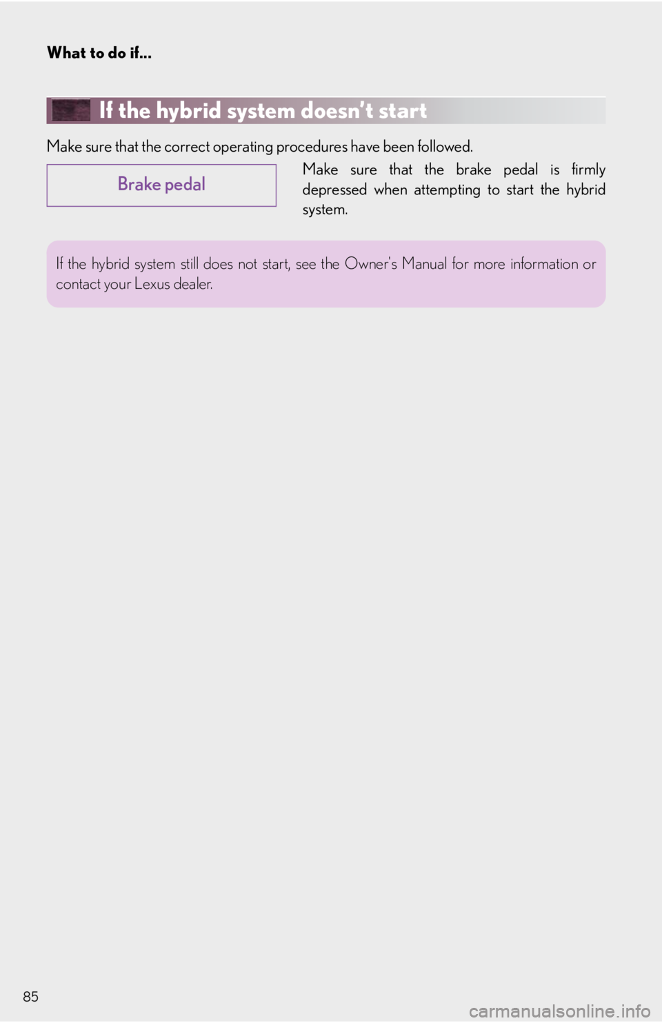 Lexus HS250h 2010  Operating the lights and windshield wipers / LEXUS 2010 HS250H QUICK GUIDE  (OM75023U) Manual Online What to do if...
85
If the hybrid system doesn’t start
Make sure that the correct operating procedures have been followed.
Make sure that the brake pedal is firmly
depressed when attempting to start