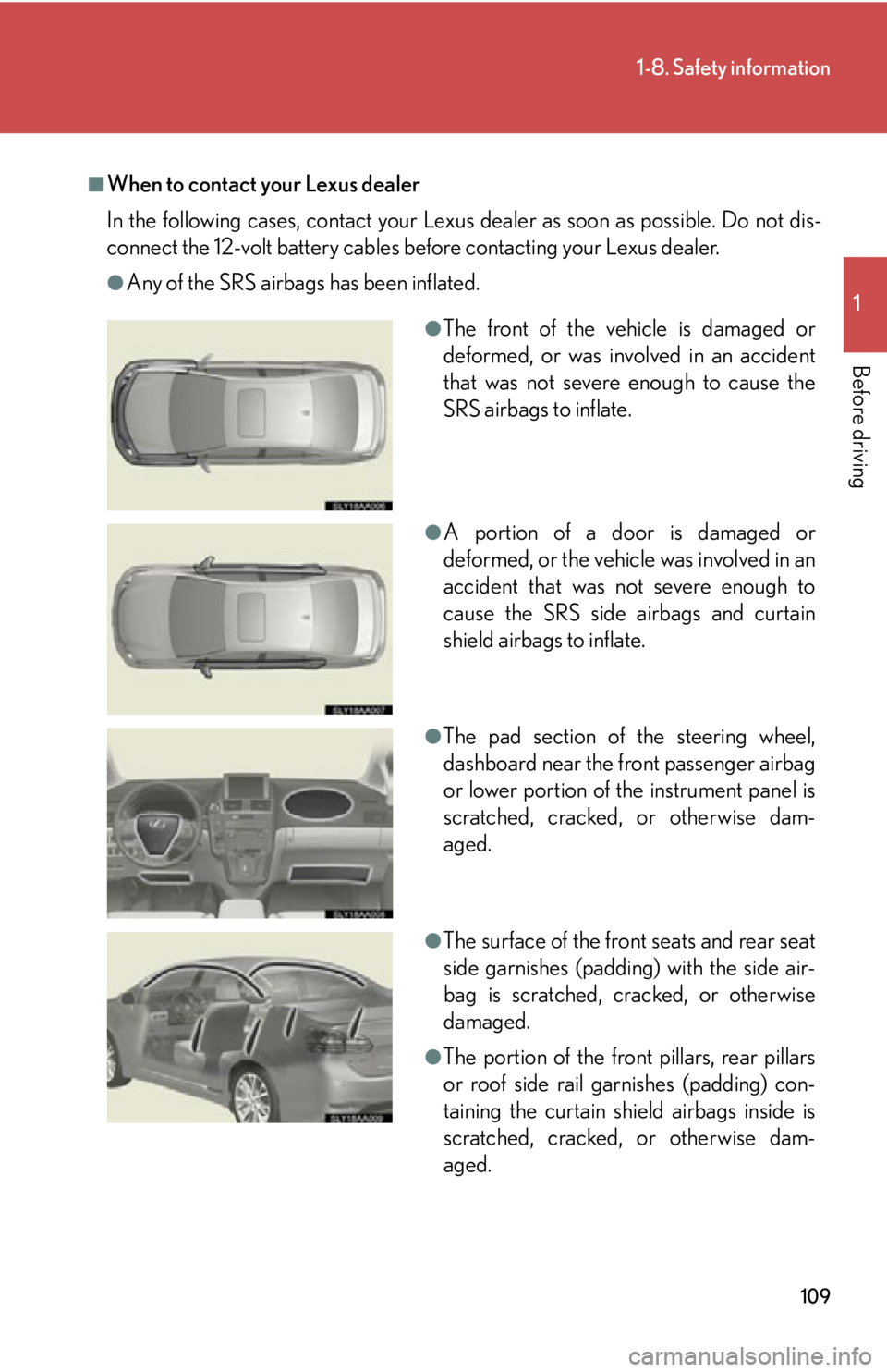 Lexus HS250h 2010 Hybrid system / LEXUS 2010 HS250H OWNERS MANUAL (OM75006U) 109
1-8. Safety information
1
Before driving
■When to contact your Lexus dealer
In the following cases, contact your Lexus dealer as soon as possible. Do not dis-
connect the 12-volt battery cables Lexus HS250h 2010 Hybrid system / LEXUS 2010 HS250H OWNERS MANUAL (OM75006U) 109
1-8. Safety information
1
Before driving
■When to contact your Lexus dealer
In the following cases, contact your Lexus dealer as soon as possible. Do not dis-
connect the 12-volt battery cables