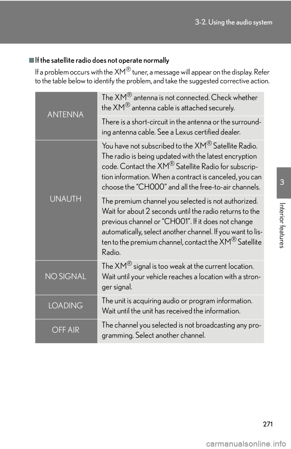 Lexus HS250h 2010 Hybrid system / LEXUS 2010 HS250H OWNERS MANUAL (OM75006U) 271
3-2. Using the audio system
3
Interior features
■If the satellite radio does not operate normally
If a problem occurs with the XM
® tuner, a message will appear on the display. Refer
to the ta Lexus HS250h 2010 Hybrid system / LEXUS 2010 HS250H OWNERS MANUAL (OM75006U) 271
3-2. Using the audio system
3
Interior features
■If the satellite radio does not operate normally
If a problem occurs with the XM
® tuner, a message will appear on the display. Refer
to the ta