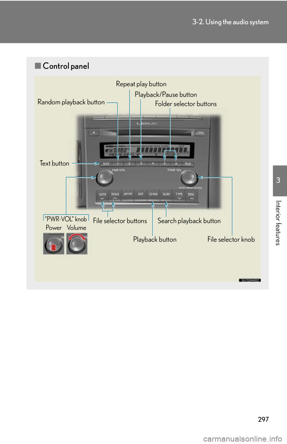 Lexus HS250h 2010  Hybrid system / LEXUS 2010 HS250H OWNERS MANUAL (OM75006U) 297
3-2. Using the audio system
3
Interior features
■Control panel
“PWRVOL”  k nob
Pow e r Vo l u m e
Repeat play button
Folder selector buttons
Random playback button
File selector buttons S