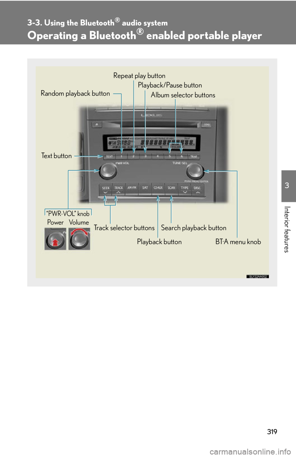 Lexus HS250h 2010 Hybrid system / LEXUS 2010 HS250H OWNERS MANUAL (OM75006U) 319
3-3. Using the Bluetooth® audio system
3
Interior features
Operating a Bluetooth® enabled portable player
“PWRVOL” k nob
Pow e r Vo l u m e
Te x t b u t t o n
Playback buttonSearch play Lexus HS250h 2010 Hybrid system / LEXUS 2010 HS250H OWNERS MANUAL (OM75006U) 319
3-3. Using the Bluetooth® audio system
3
Interior features
Operating a Bluetooth® enabled portable player
“PWRVOL” k nob
Pow e r Vo l u m e
Te x t b u t t o n
Playback buttonSearch play