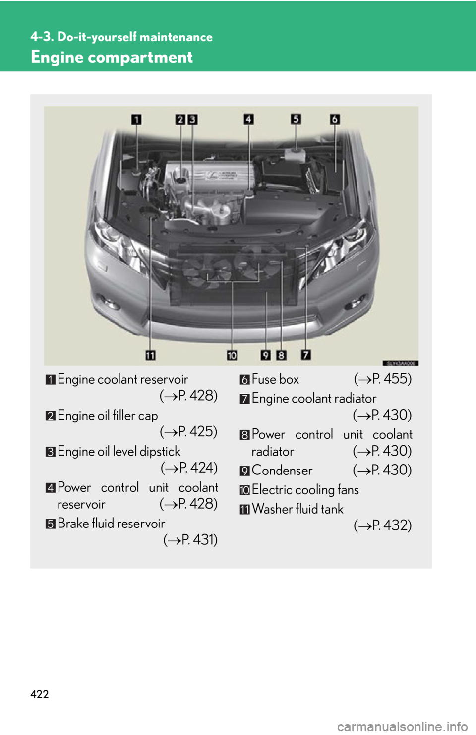 Lexus HS250h 2010  Hybrid system / LEXUS 2010 HS250H OWNERS MANUAL (OM75006U) 422
4-3. Do-it-yourself maintenance
Engine compartment
Engine coolant reservoir 
( P.  4 2 8 )
Engine oil filler cap 
( P. 425)
Engine oil level dipstick  
( P.  4 2 4 )
Power contro