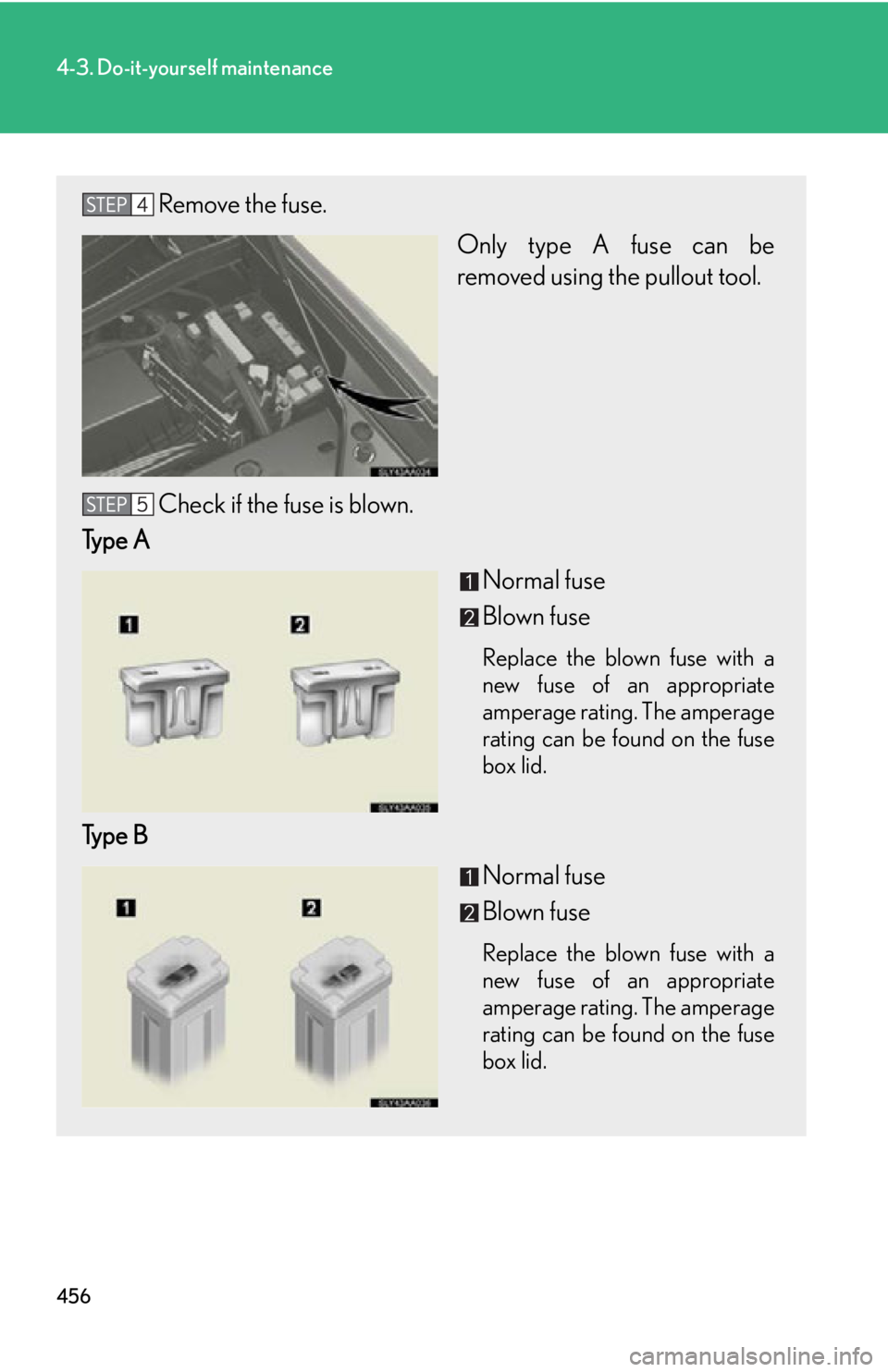Lexus HS250h 2010  Hybrid system / LEXUS 2010 HS250H OWNERS MANUAL (OM75006U) 456
4-3. Do-it-yourself maintenance
Remove the fuse.
Only type A fuse can be 
removed using the pullout tool.
Check if the fuse is blown.
Type A
Normal fuse
Blown fuse
Replace the blown fuse with a 
n