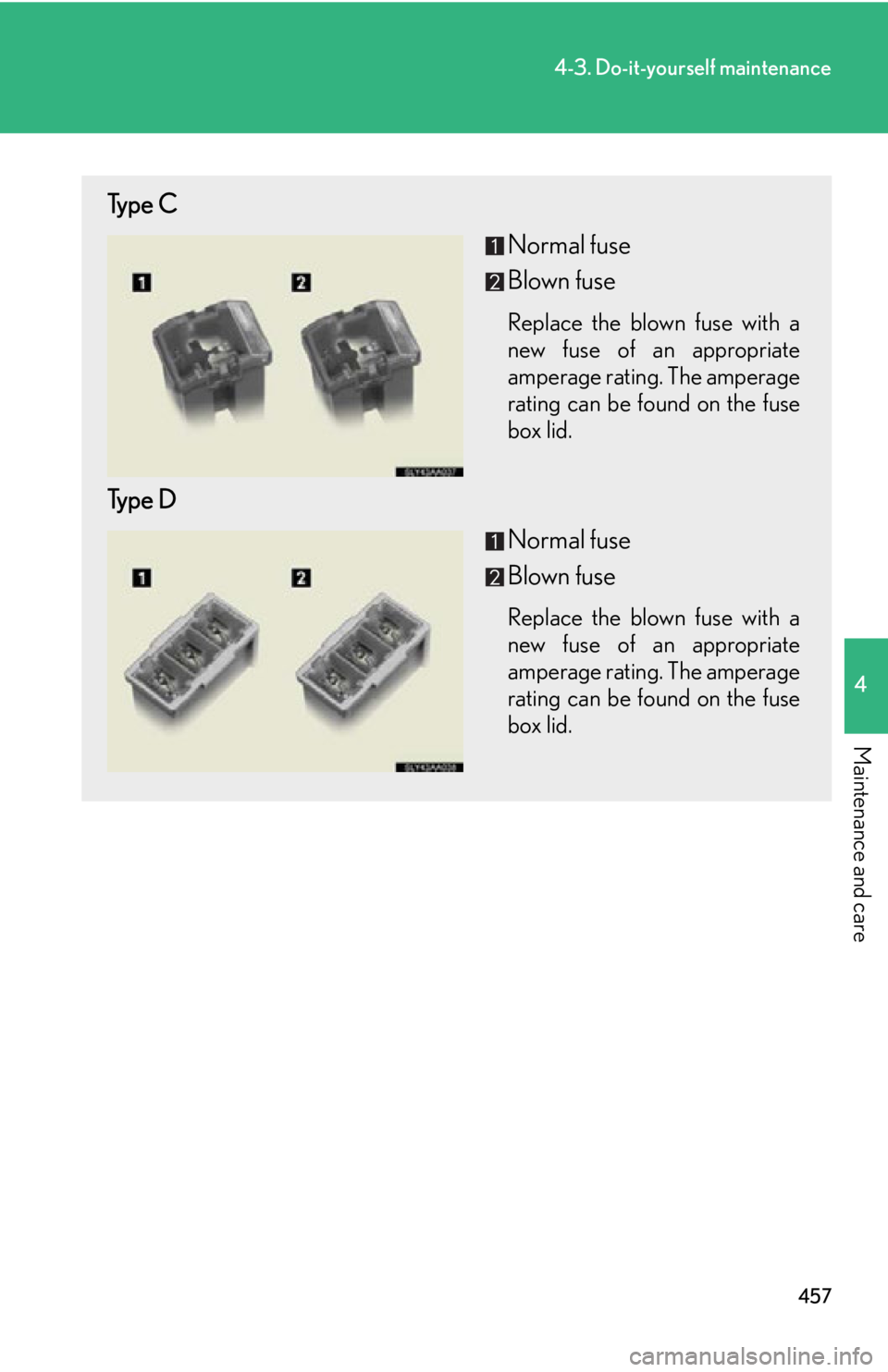 Lexus HS250h 2010  Hybrid system / LEXUS 2010 HS250H OWNERS MANUAL (OM75006U) 457
4-3. Do-it-yourself maintenance
4
Maintenance and care
Type C
Normal fuse
Blown fuse
Replace the blown fuse with a 
new fuse of an appropriate 
amperage rating. The amperage 
rating can be found o