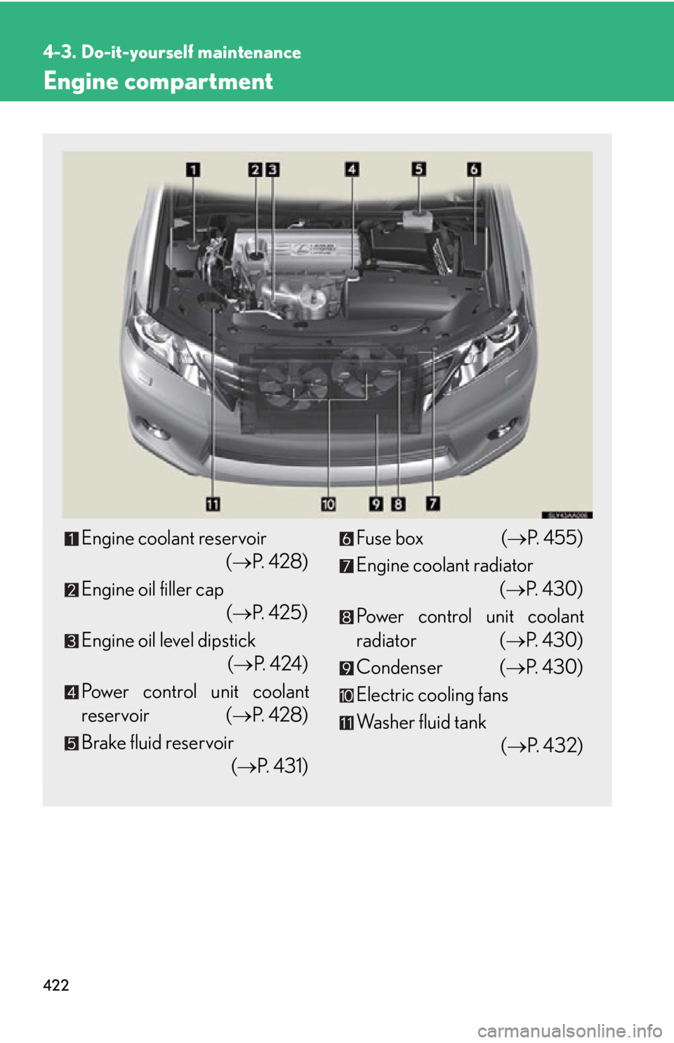 Lexus HS250h 2010  Hybrid System / LEXUS 2010 HS250H OWNERS MANUAL (OM75006U) 422
4-3. Do-it-yourself maintenance
Engine compartment
Engine coolant reservoir 
( P.  4 2 8 )
Engine oil filler cap 
( P. 425)
Engine oil level dipstick  
( P.  4 2 4 )
Power contro