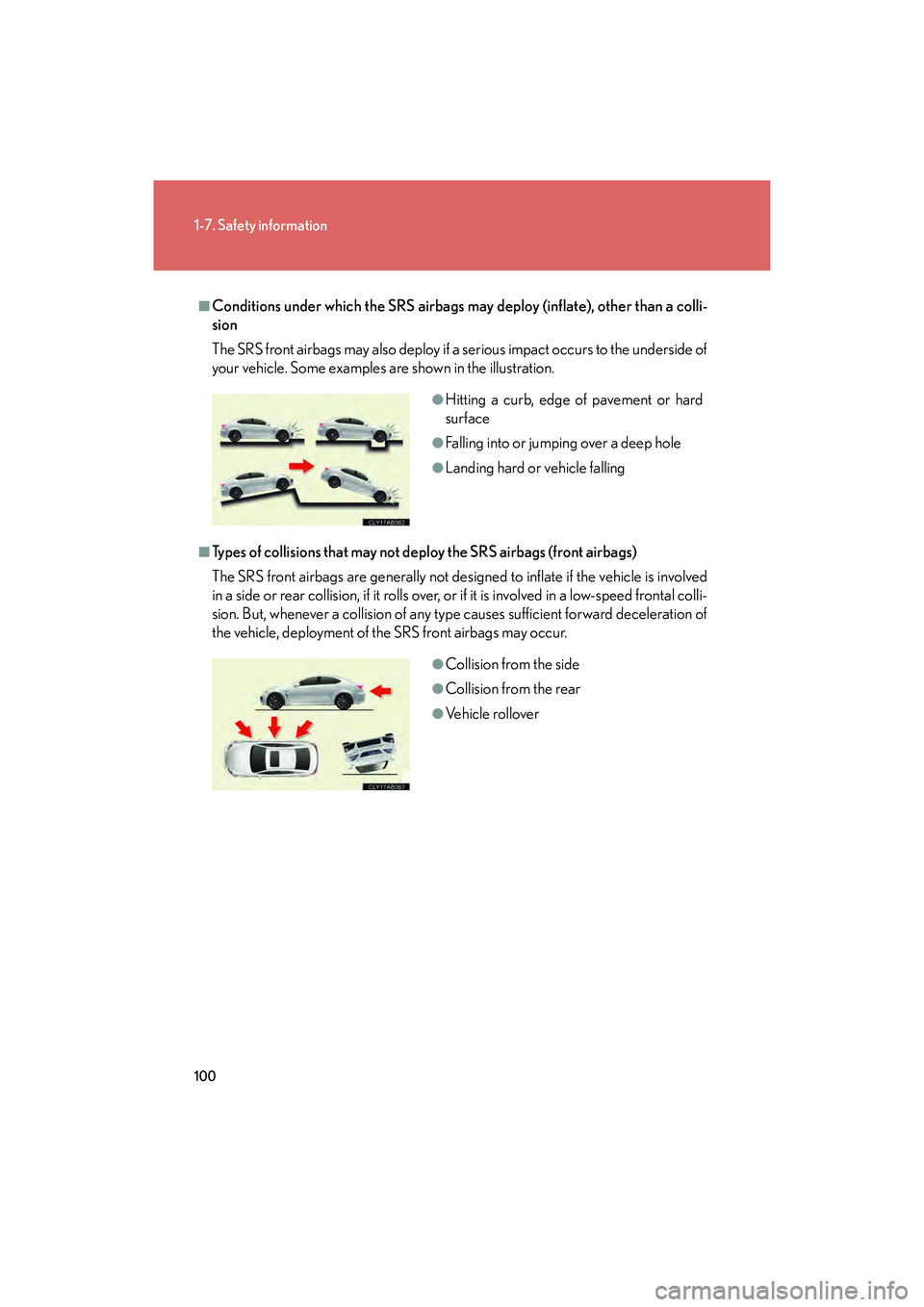 Lexus IS F 2014  Owners Manual 100
1-7. Safety information
IS F_U
■Conditions under which the SRS airbags may deploy (inflate), other than a colli-
sion
The SRS front airbags may also deploy if a serious impact occurs to the unde