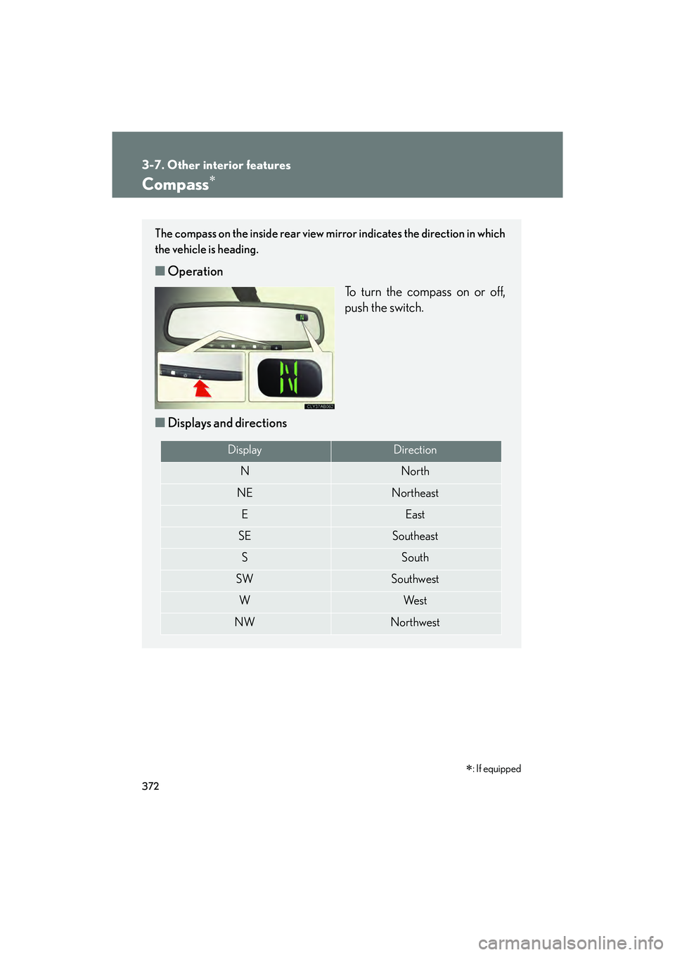 Lexus IS F 2014 Manual PDF 372
3-7. Other interior features
IS F_U
Compass∗
The compass on the inside rear view mirror indicates the direction in which
the vehicle is heading.
■Operation
To turn the compass on or off,
push Lexus IS F 2014 Manual PDF 372
3-7. Other interior features
IS F_U
Compass∗
The compass on the inside rear view mirror indicates the direction in which
the vehicle is heading.
■Operation
To turn the compass on or off,
push