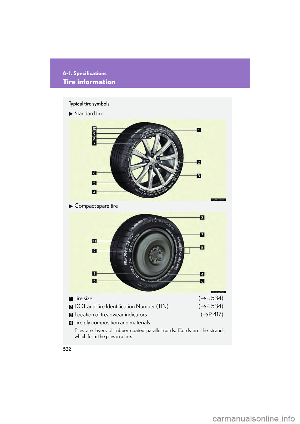 Lexus IS F 2014 Owners Manual 532
6-1. Specifications
IS F_U
Tire information
Ty p i c a l t i r e s y m b o l s
Standard tire
Compact spare tire
Tire size (→P. 5 3 4 )
DOT and Tire Identification Number (TIN) (→ P. 5 3 4 Lexus IS F 2014 Owners Manual 532
6-1. Specifications
IS F_U
Tire information
Ty p i c a l t i r e s y m b o l s
Standard tire
Compact spare tire
Tire size (→P. 5 3 4 )
DOT and Tire Identification Number (TIN) (→ P. 5 3 4