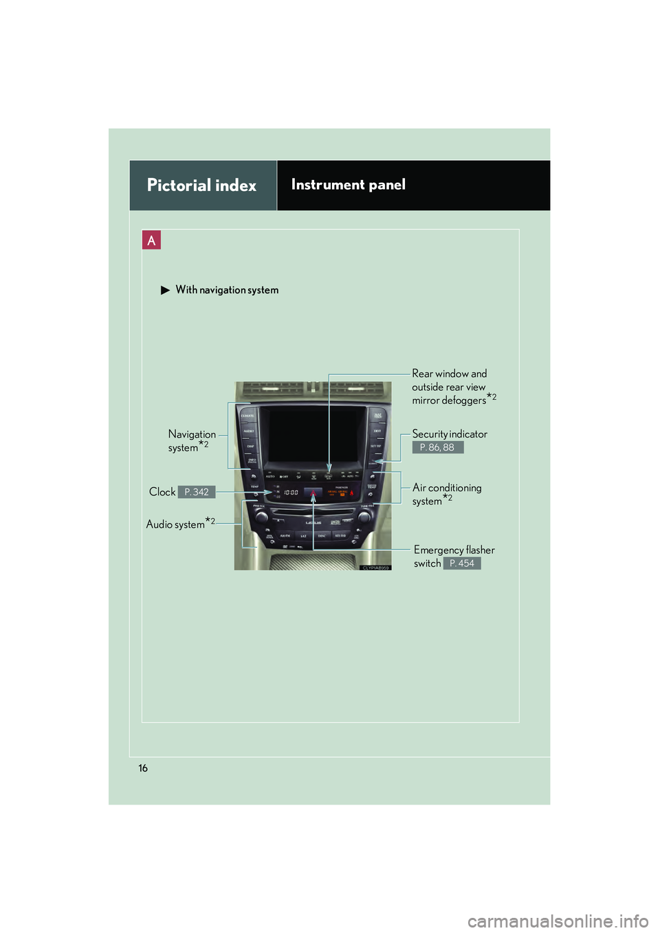 Lexus IS F 2012  Owners Manual IS F_U
16
Pictorial indexInstrument panel
A
Navigation 
system
*2
Clock P. 342
Security indicator 
P. 86, 88
Emergency flasher 
switch 
P. 454
Air conditioning 
system
*2
 With navigation system
Rear 