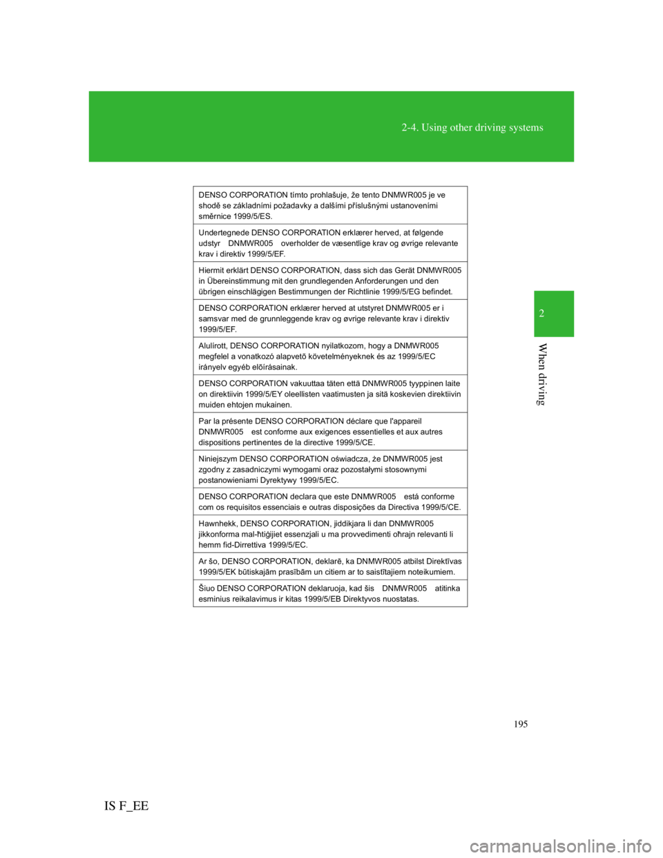 Lexus IS F 2011  Owners Manual 195
2-4. Using other driving systems
2
When driving
IS F_EE
DENSO CORPORATION tímto prohlašuje, že tento DNMWR005 je ve 
shod se základními požadavky a dalšími píslušnými ustanoveními 