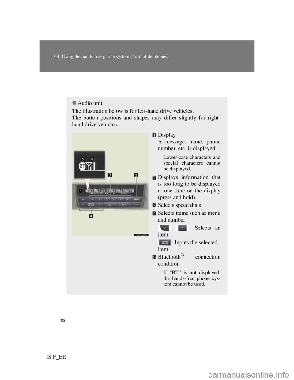 Lexus IS F 2011 Repair Manual 300
3-4. Using the hands-free phone system (for mobile phones)
IS F_EE
Using the hands-free system (for mobile phones)
Audio unit
The illustration below is for left-hand drive vehicles.
The button Lexus IS F 2011 Repair Manual 300
3-4. Using the hands-free phone system (for mobile phones)
IS F_EE
Using the hands-free system (for mobile phones)
Audio unit
The illustration below is for left-hand drive vehicles.
The button