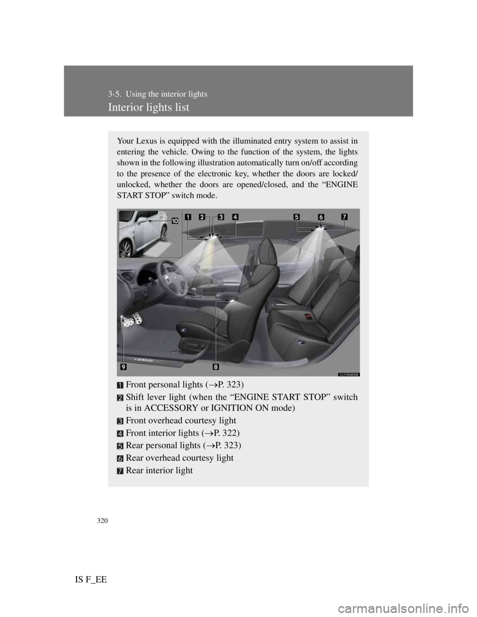 Lexus IS F 2011 Owners Guide 320
IS F_EE
3-5. Using the interior lights
Interior lights list
Your Lexus is equipped with the illuminated entry system to assist in
entering the vehicle. Owing to the function of the system, the lig Lexus IS F 2011 Owners Guide 320
IS F_EE
3-5. Using the interior lights
Interior lights list
Your Lexus is equipped with the illuminated entry system to assist in
entering the vehicle. Owing to the function of the system, the lig