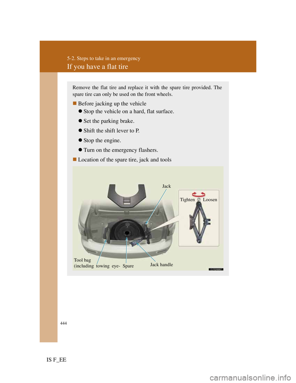 Lexus IS F 2011  Owners Manual 444
5-2. Steps to take in an emergency
IS F_EE
If you have a flat tire
Remove the flat tire and replace it with the spare tire provided. The
spare tire can only be used on the front wheels.
Before 