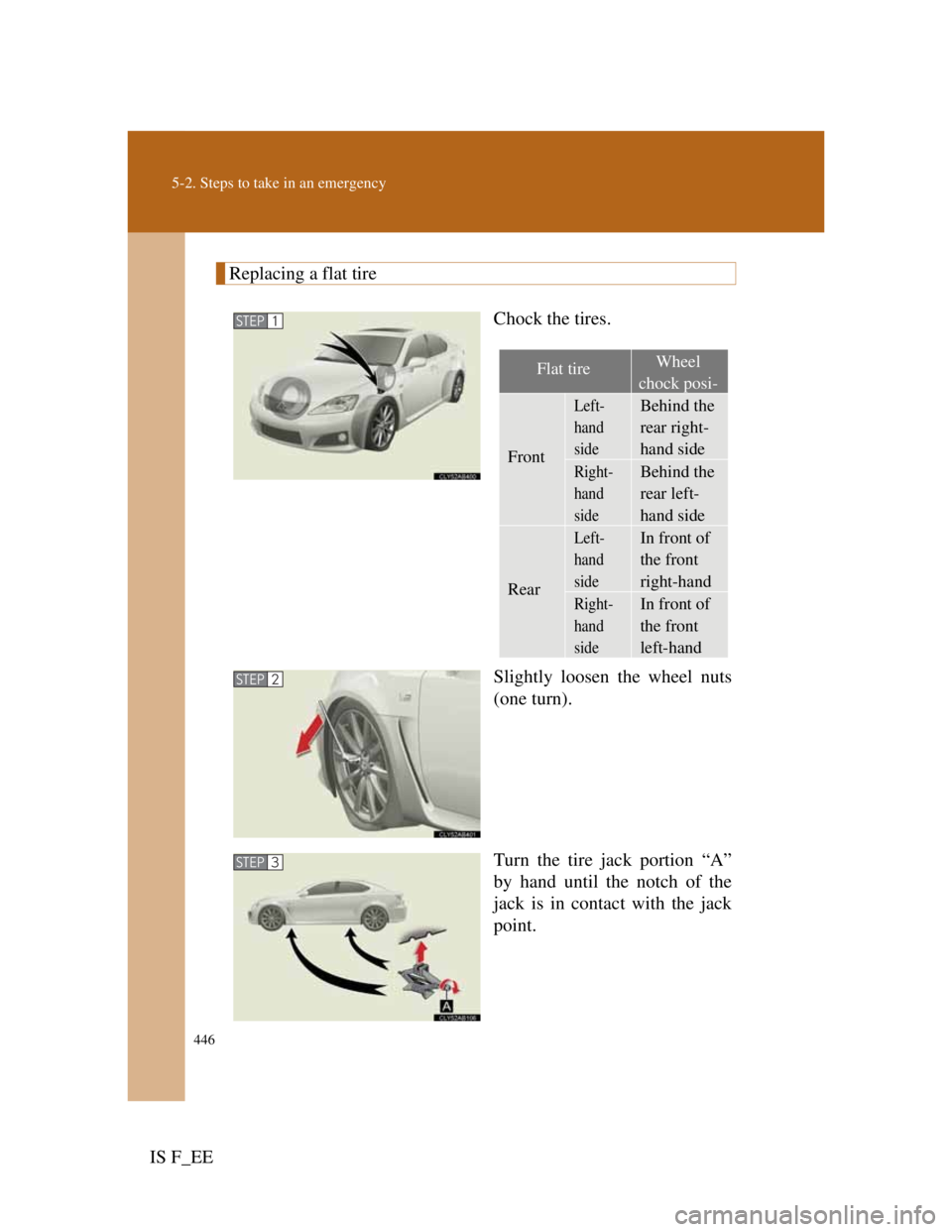 Lexus IS F 2011  Owners Manual 446
5-2. Steps to take in an emergency
IS F_EE
Replacing a flat tire
Chock the tires.
Slightly loosen the wheel nuts
(one turn).
Turn the tire jack portion “A”
by hand until the notch of the
jack 