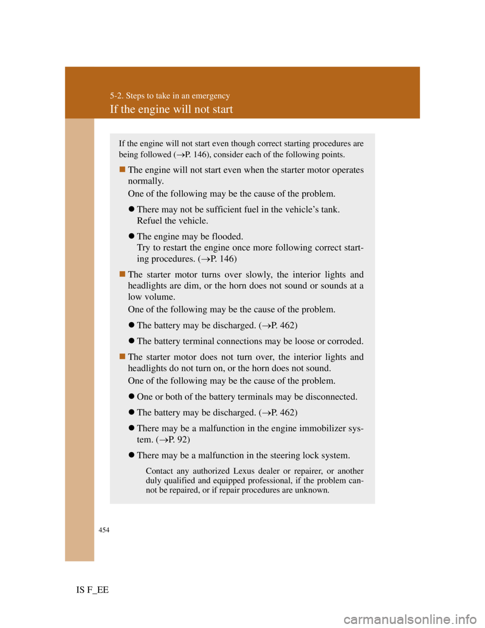 Lexus IS F 2011 Owners Manual 454
5-2. Steps to take in an emergency
IS F_EE
If the engine will not start
If the engine will not start even though correct starting procedures are
being followed (P. 146), consider each of the fo Lexus IS F 2011 Owners Manual 454
5-2. Steps to take in an emergency
IS F_EE
If the engine will not start
If the engine will not start even though correct starting procedures are
being followed (P. 146), consider each of the fo