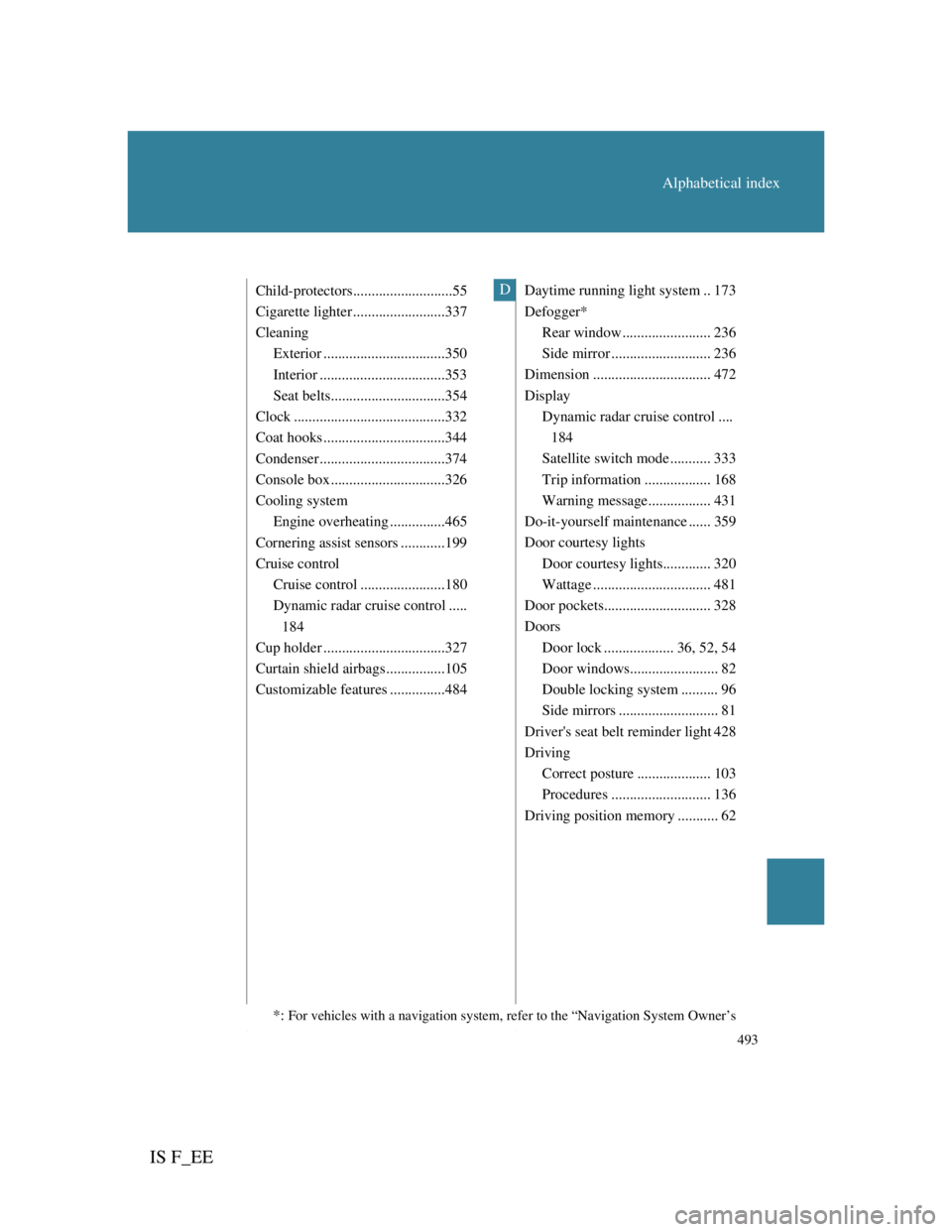 Lexus IS F 2011  Owners Manual 493
Alphabetical index
IS F_EE
Child-protectors...........................55
Cigarette lighter .........................337
Cleaning
Exterior .................................350
Interior ............
